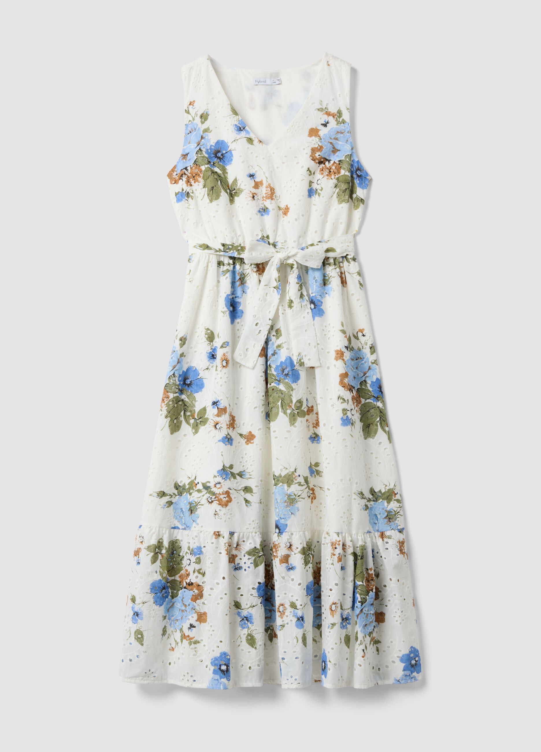 Vestido branco em puro algod&atilde;o com estampado floral, corte regular