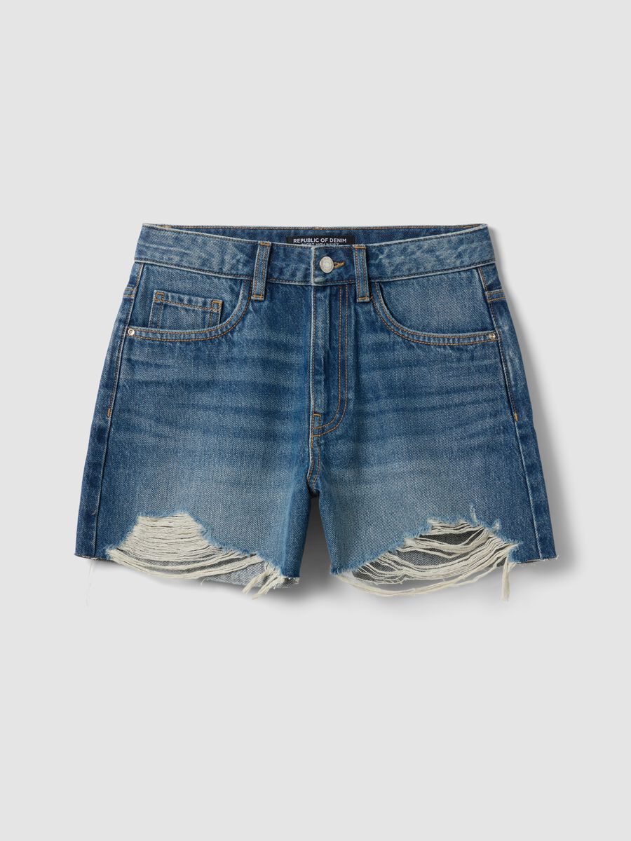 Blaue Denim-Shorts aus reiner Baumwolle mit Rissen_0