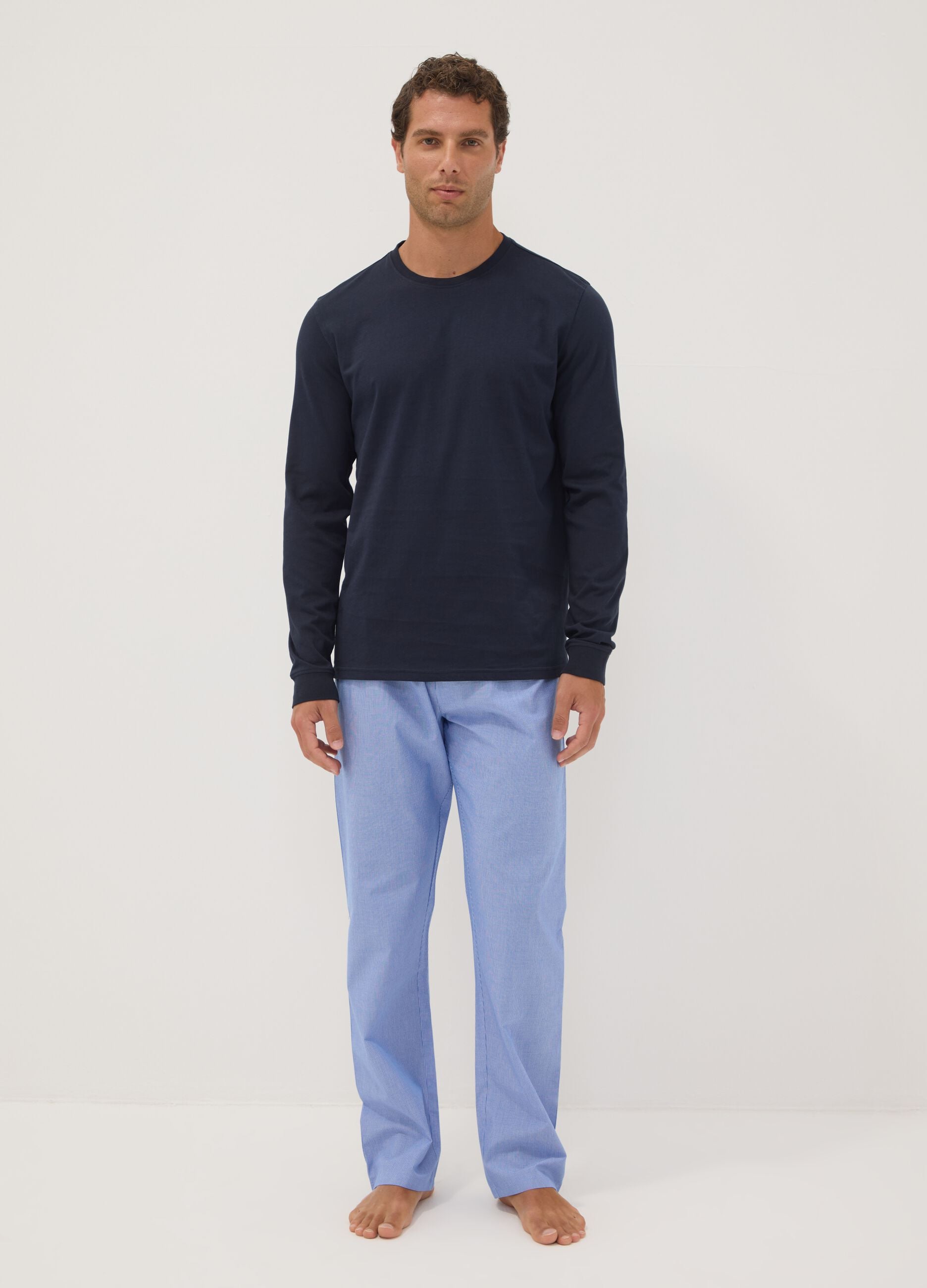 Brauner gestreifter Pyjama aus reiner Bio-Baumwolle, Regular Fit