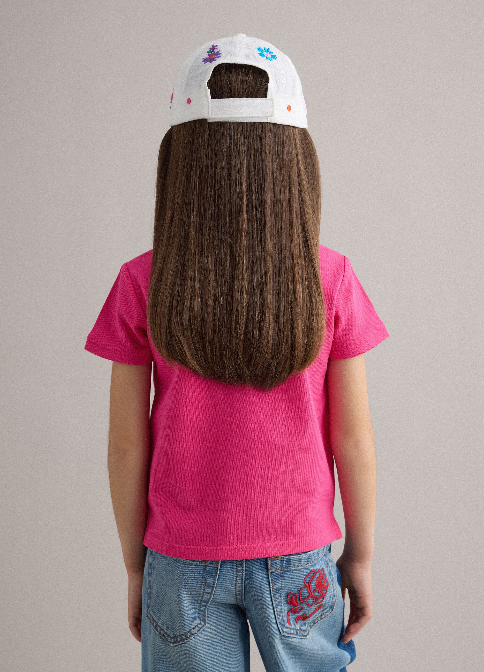 Girls' regular fit pure cotton pink polo with embroidered flowers