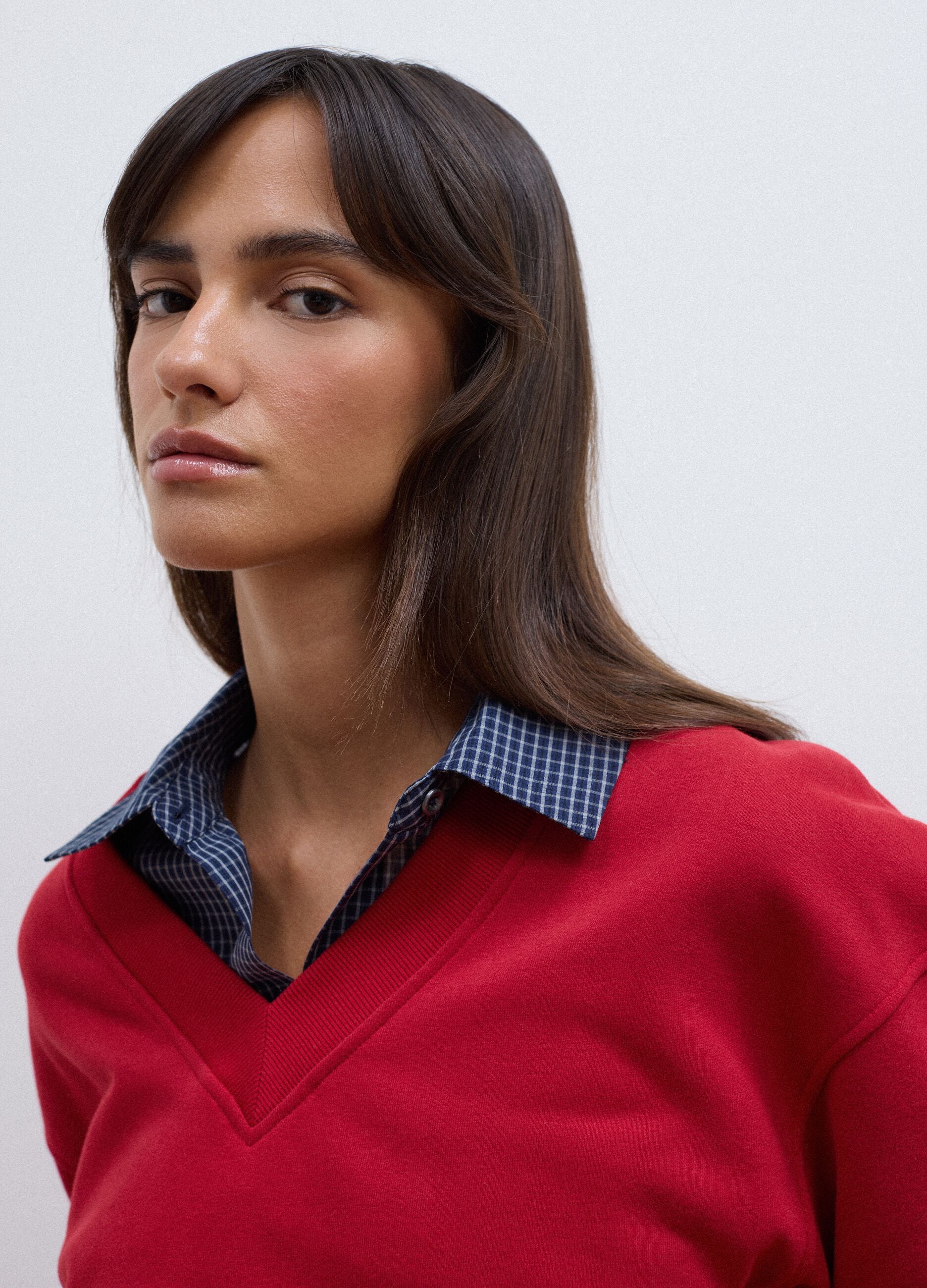 Red cotton-blend V-neck sweatshirt with oversized fit