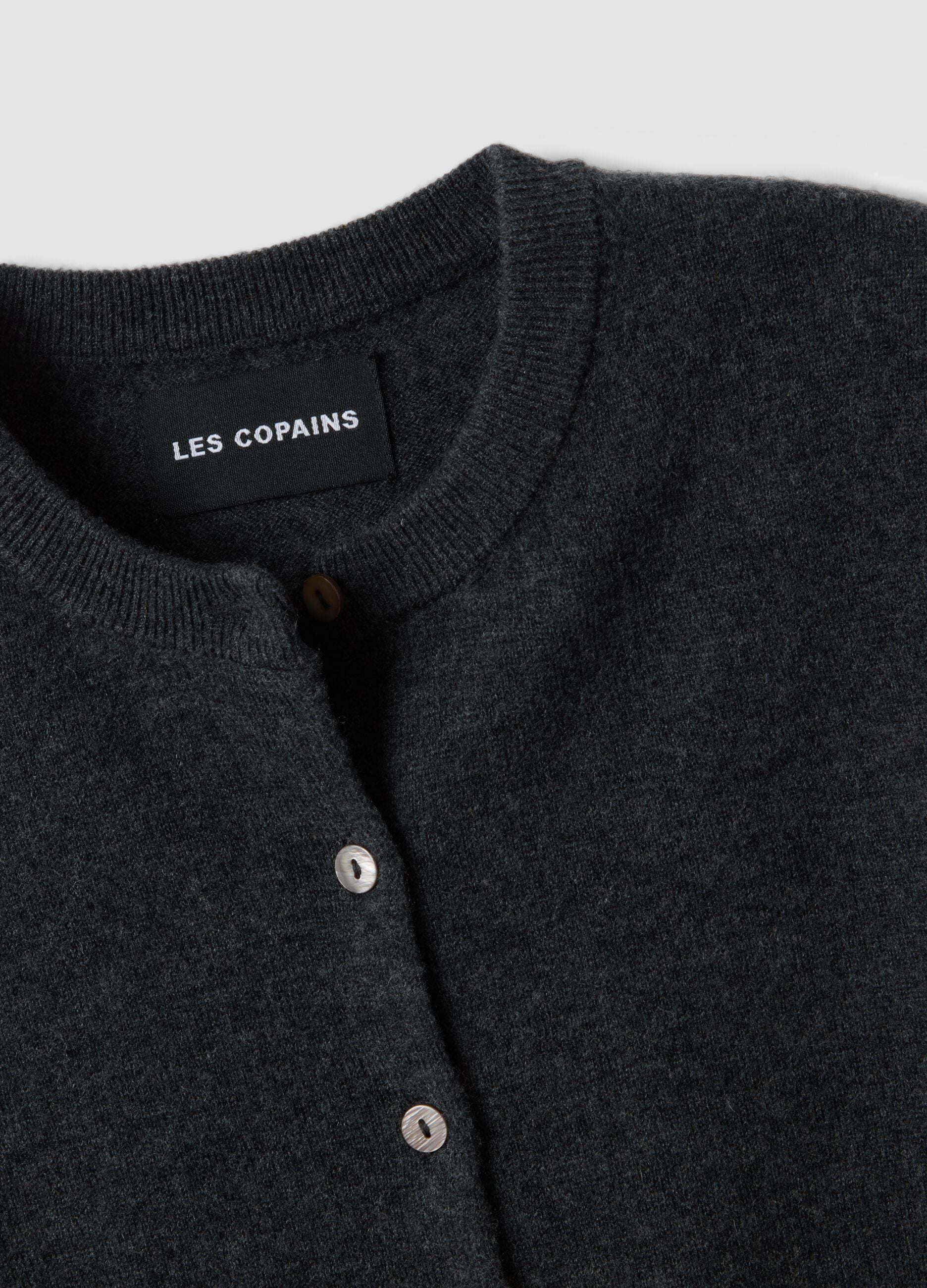 Grey pure wool crew-neck cardigan with buttons, regular fit