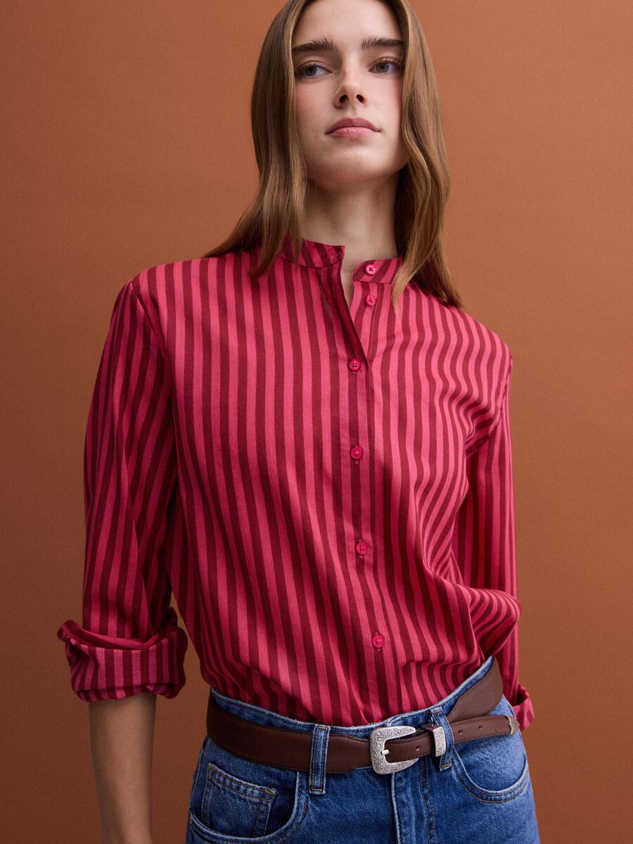 Red striped pure cotton shirt with band collar, regular fit_0