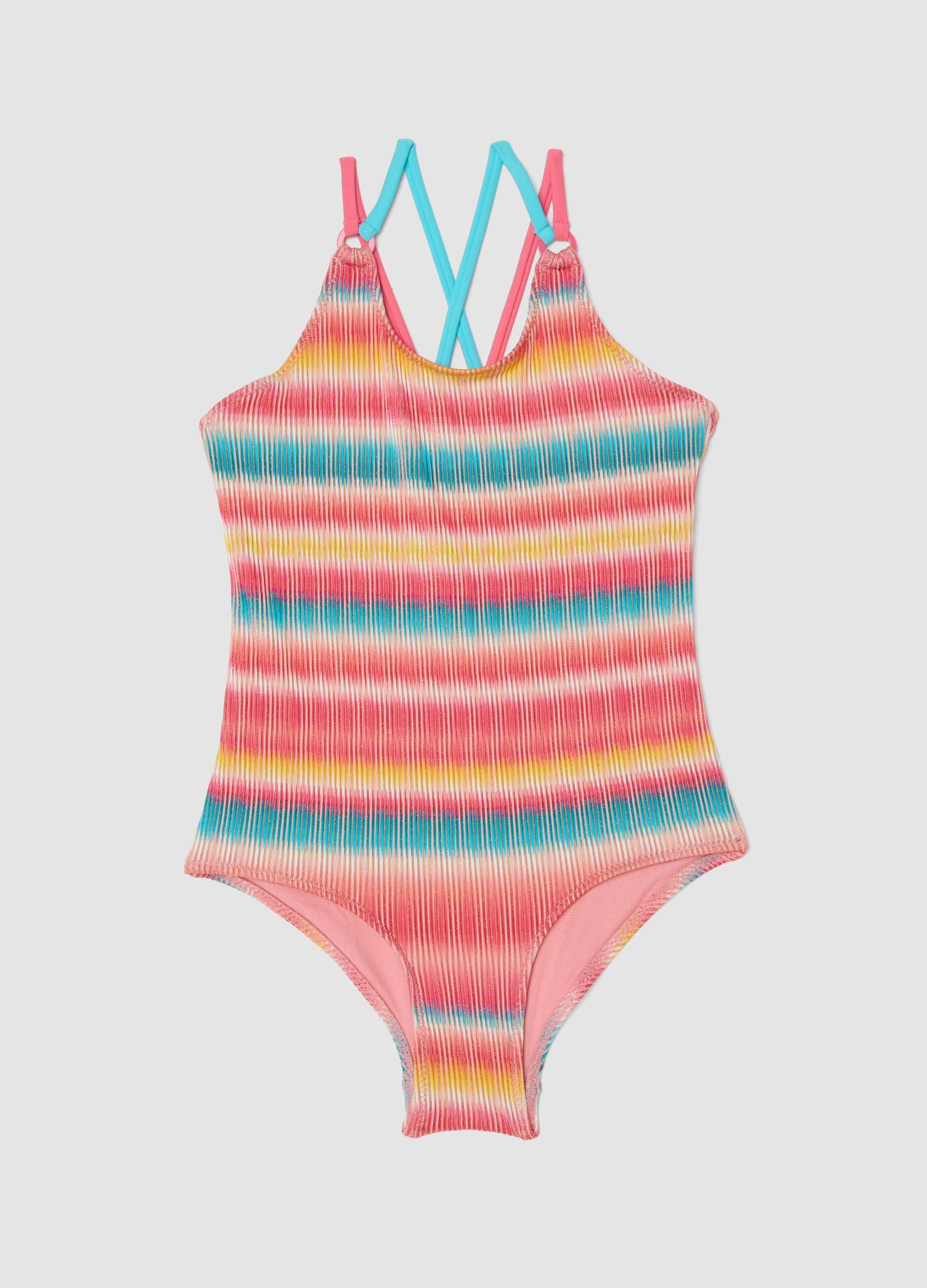 Girls&rsquo; multicolour striped stretchy one-piece swimsuit