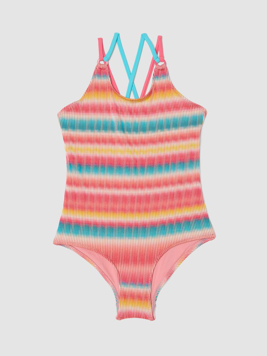 Fato de banho inteiro &agrave;s riscas multicolor em tecido el&aacute;stico para menina_0