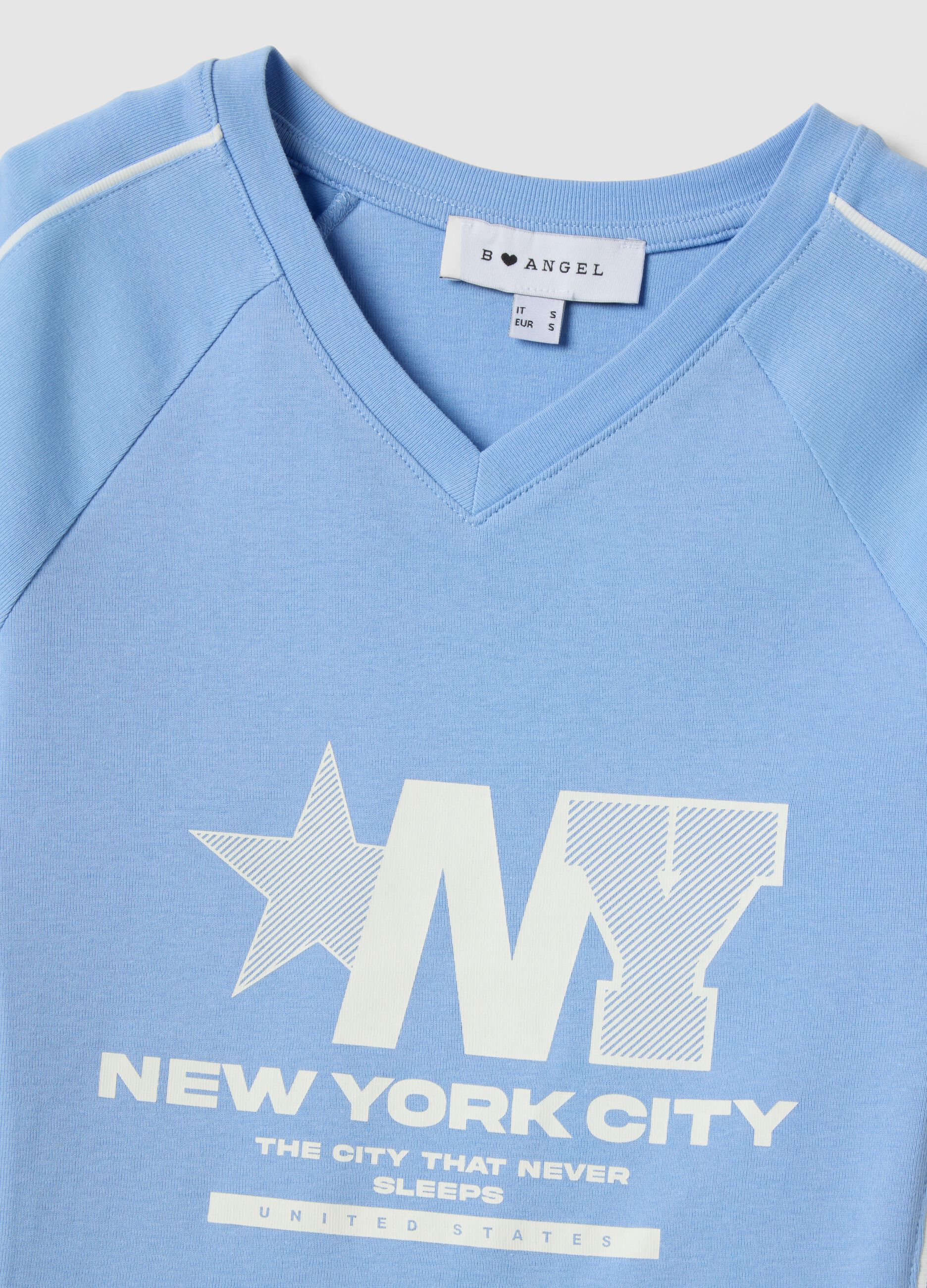 Camiseta azul de algod&oacute;n puro slim fit con cuello en V y estampado