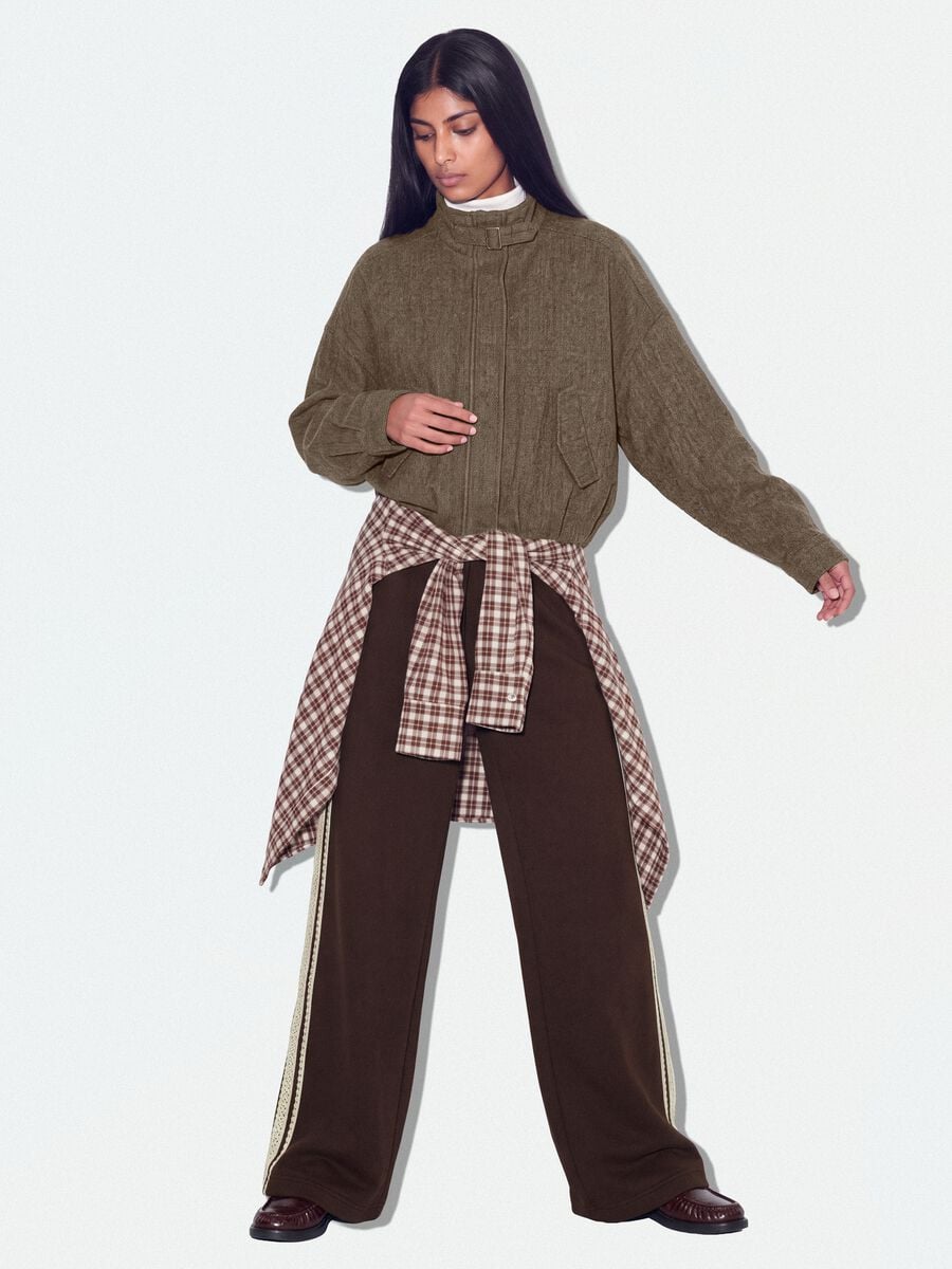 Brown cotton-blend wide-leg trousers with lace embroidery_3