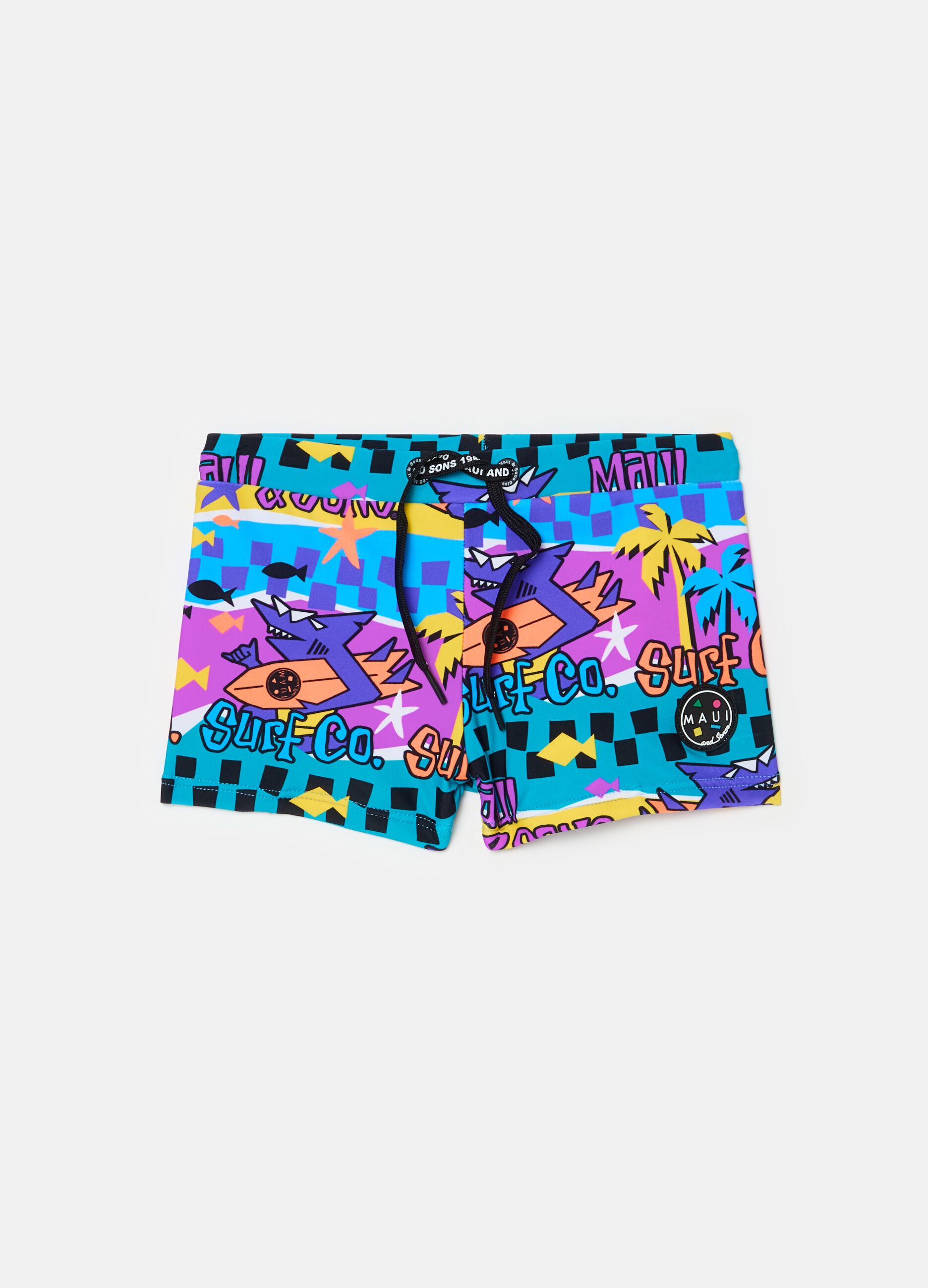 Swimming trunks with shark surfer print