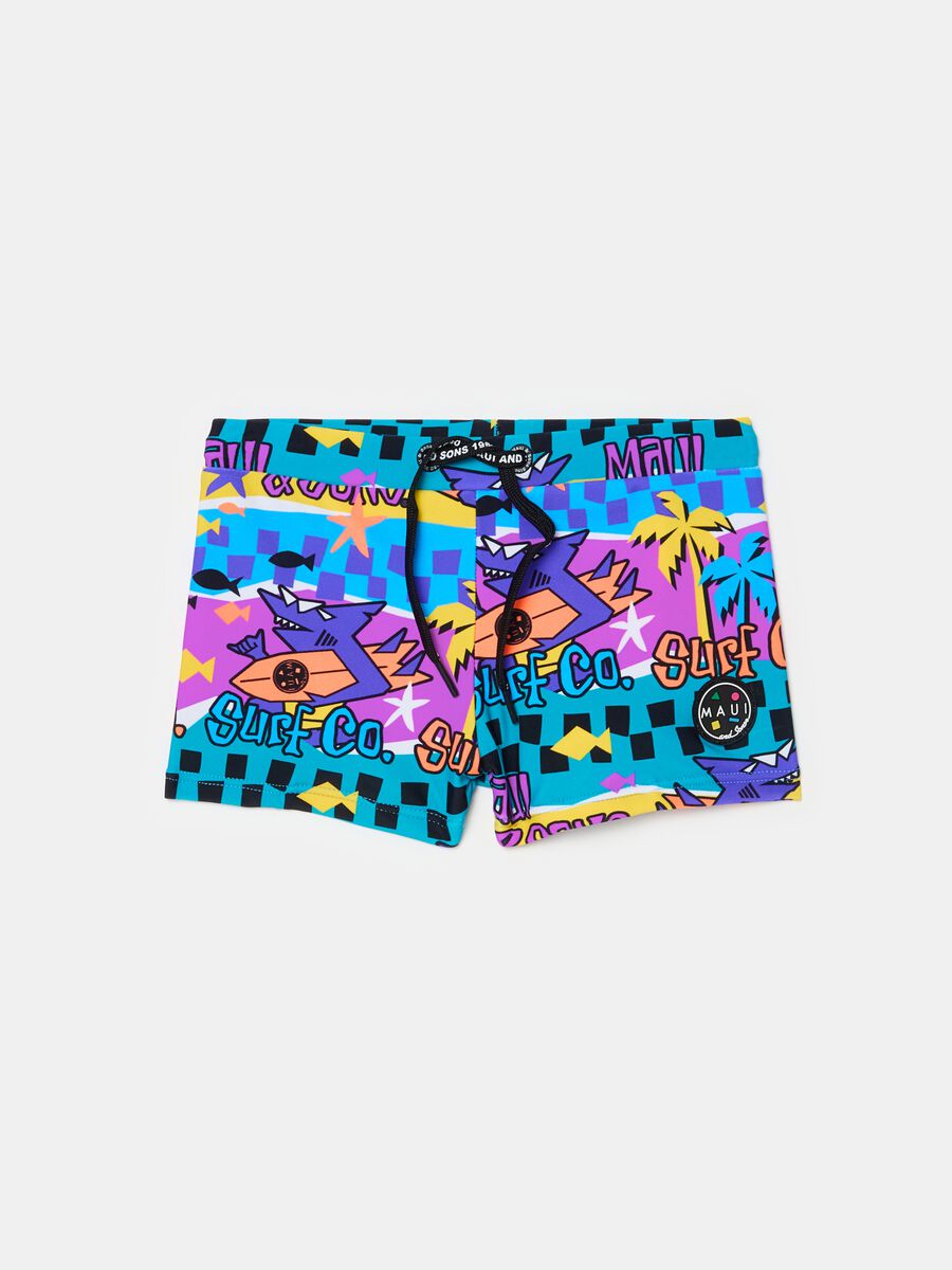 Swimming trunks with shark surfer print_0
