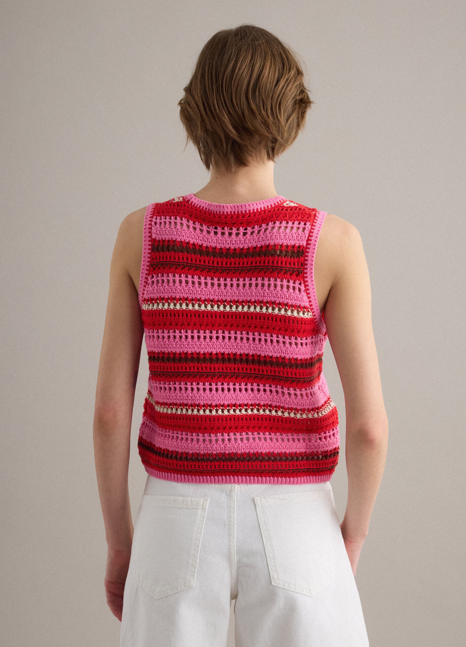 Gestrickte Weste aus reiner Baumwolle mit Multicolour-Streifen, Regular Fit