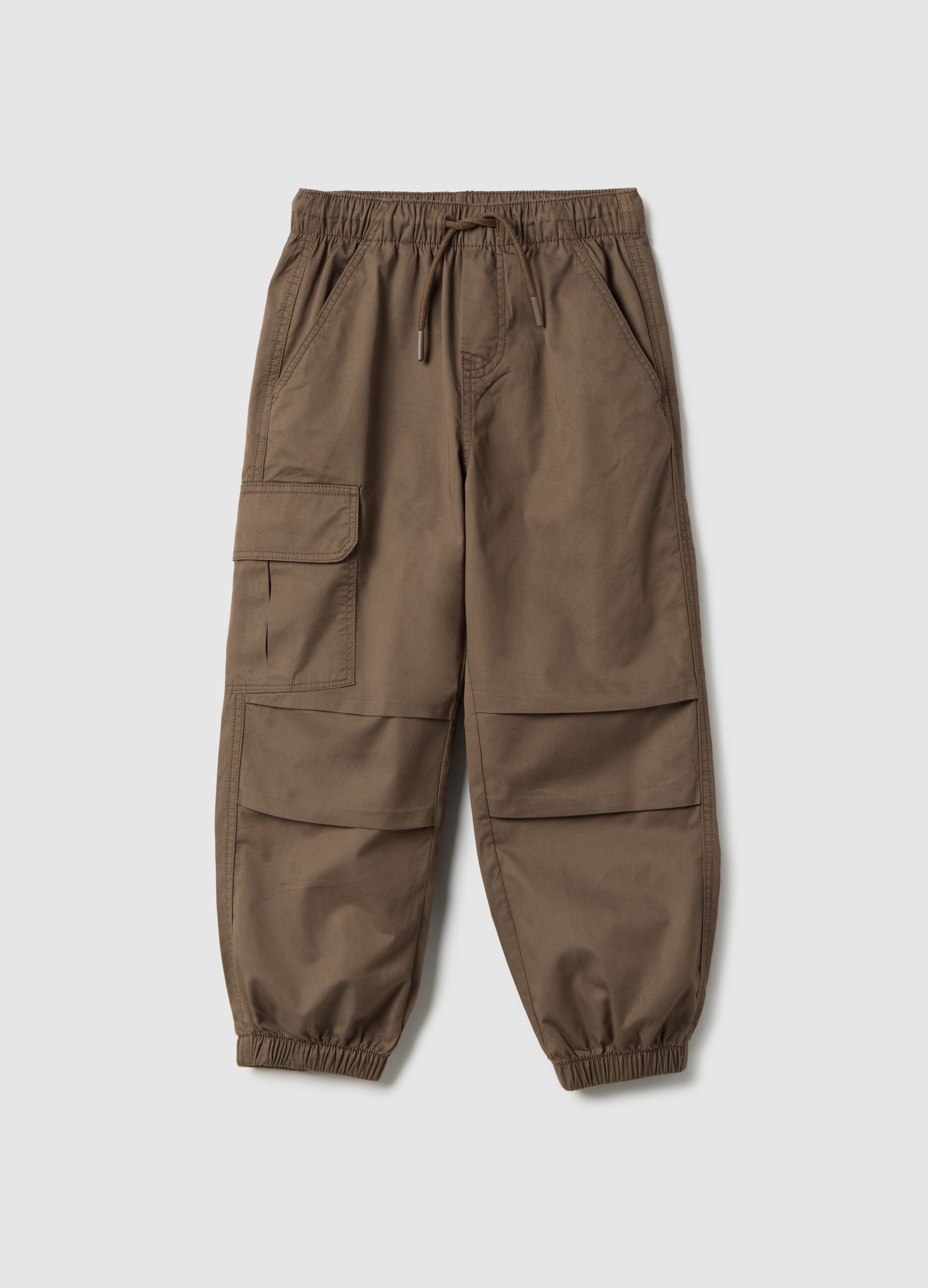 Regular fit brown cotton cargo jogger trousers for kids