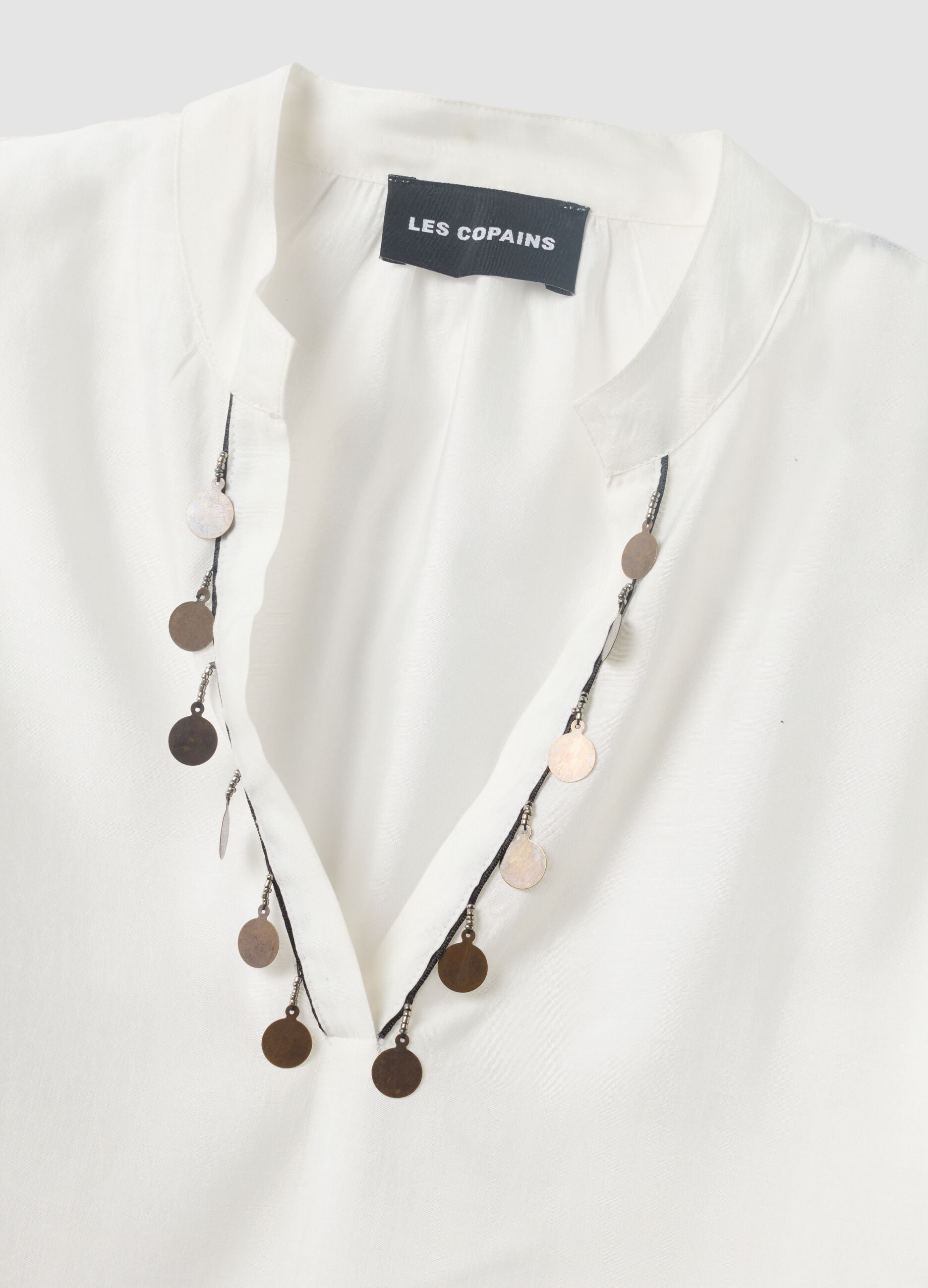 White viscose-blend shirt with charms and V-neck regular fit