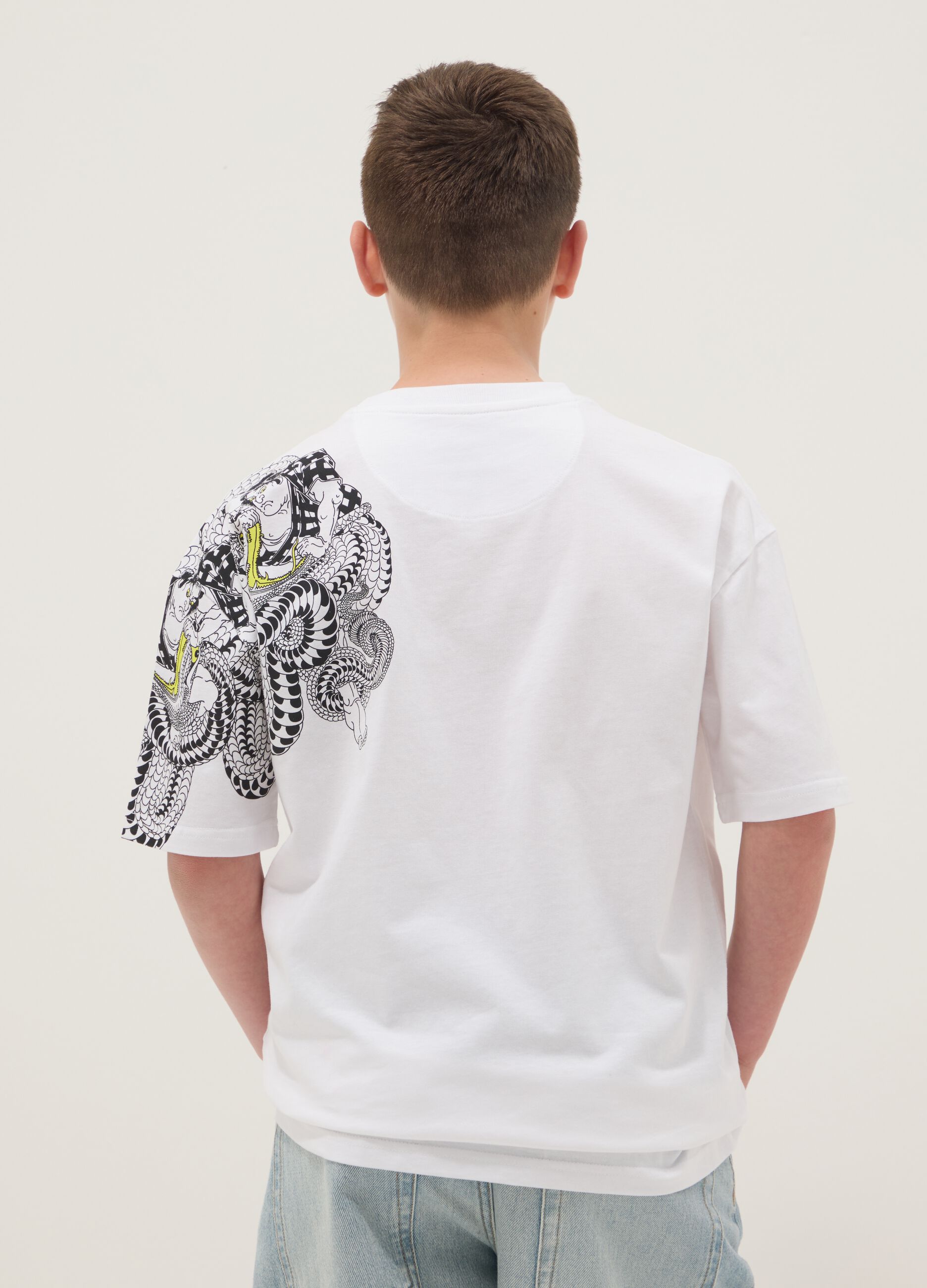 White pure cotton kids' oversized fit t-shirt with snake