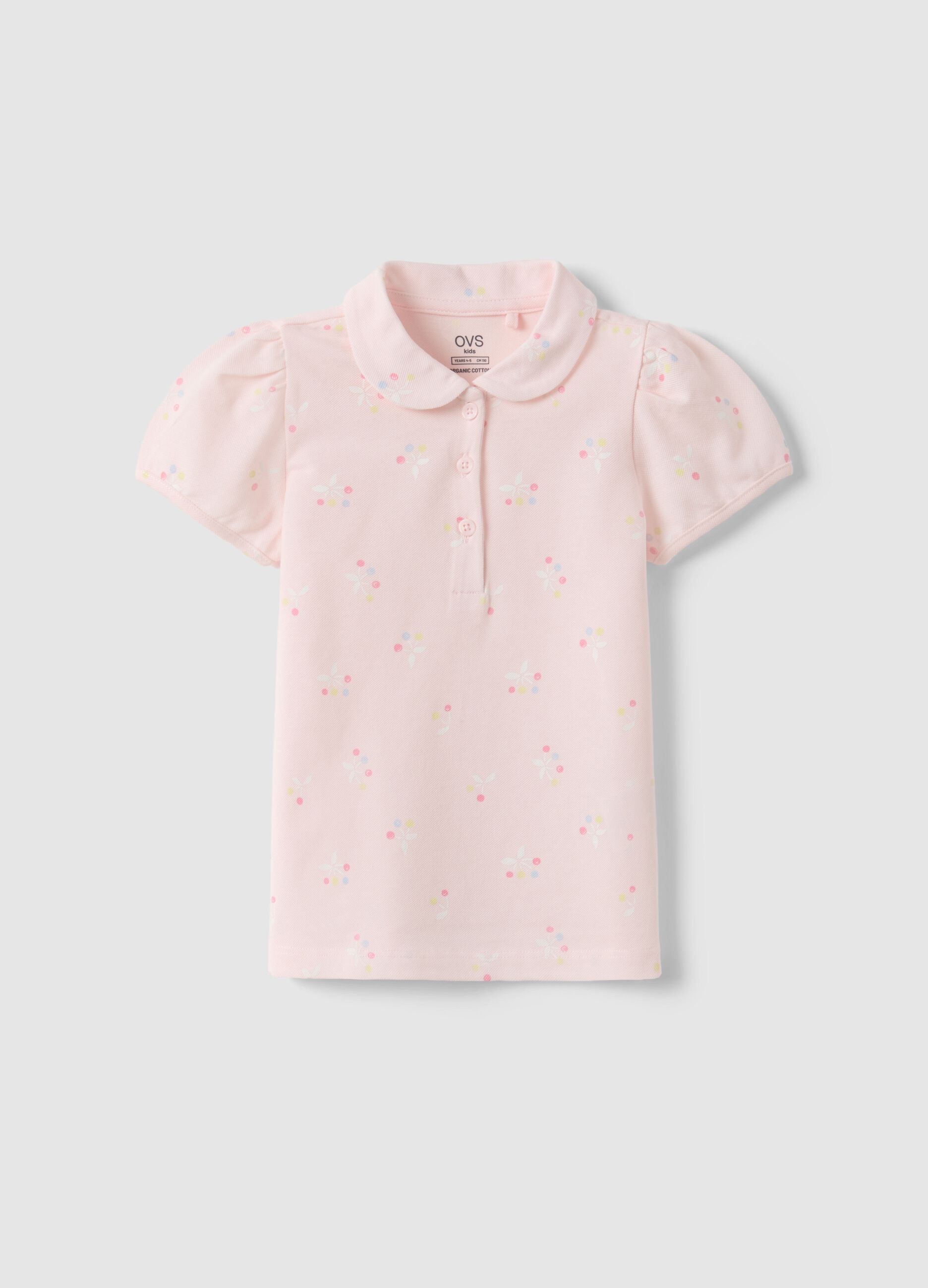 Girls' pure cotton pink polo with floral pattern, regular fit