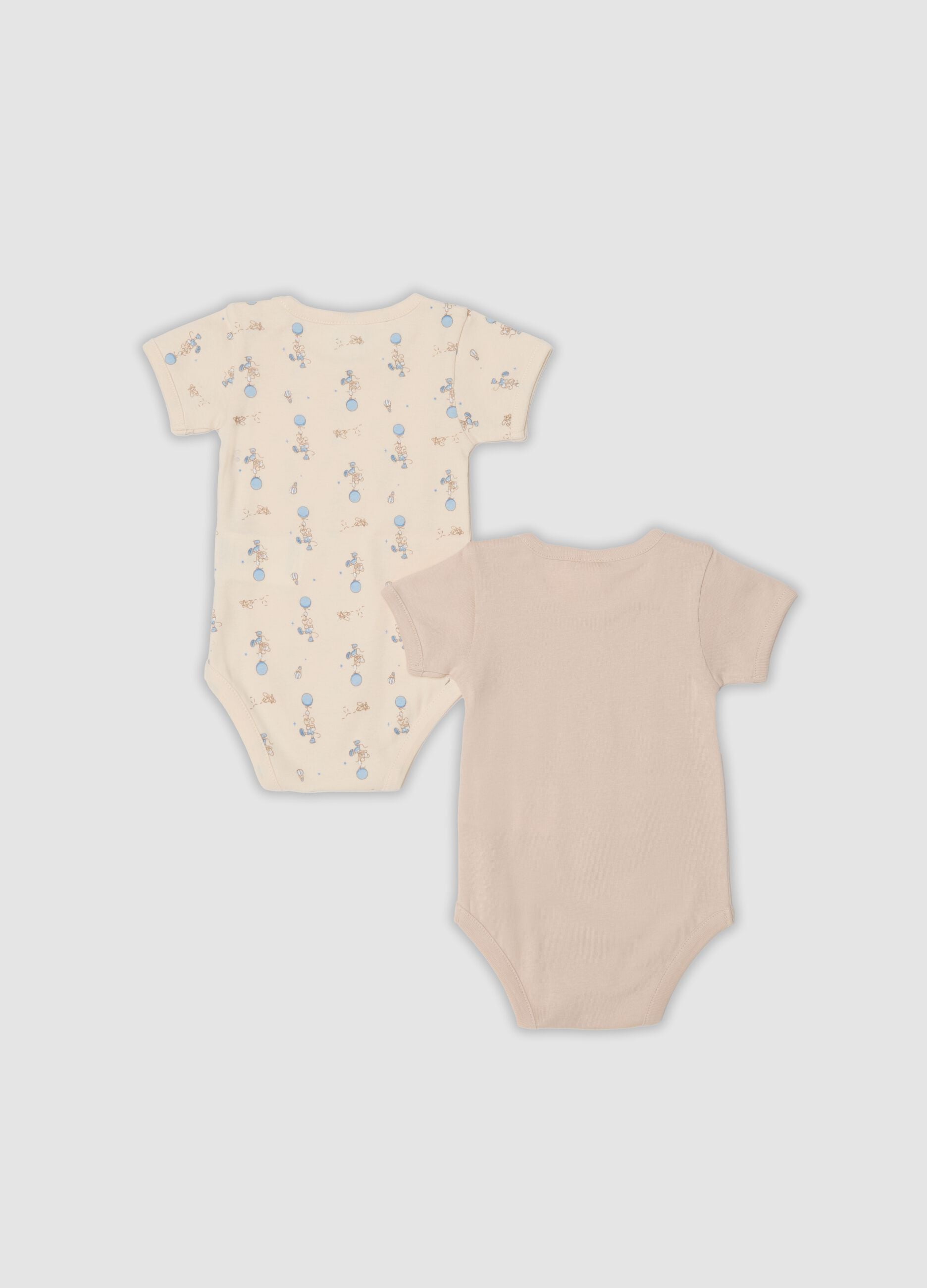 2-pack beige organic cotton baby bodysuits with Mickey print