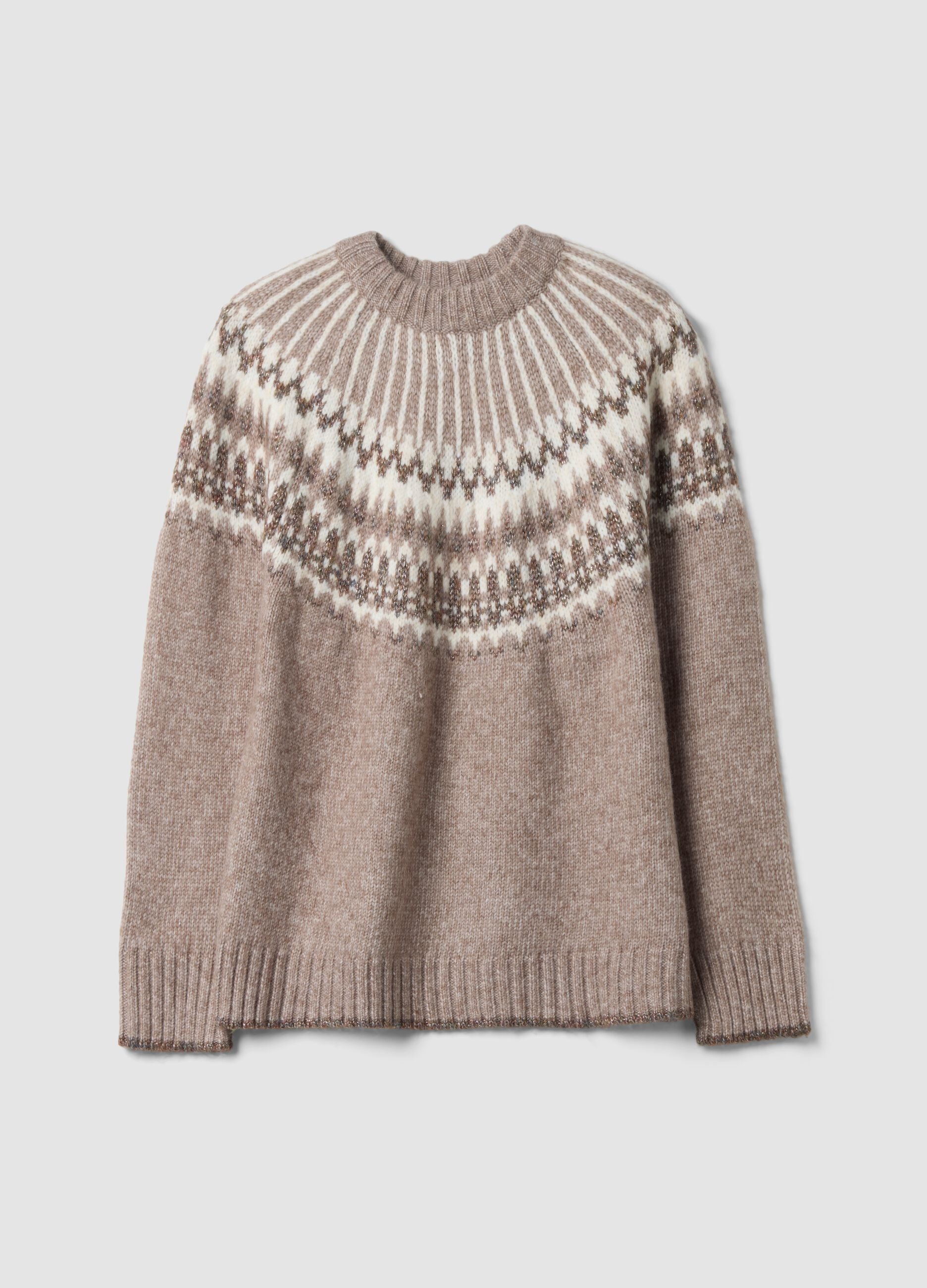 Beiger Jacquard-Pullover mit Rundhalsausschnitt in Oversize-Passform
