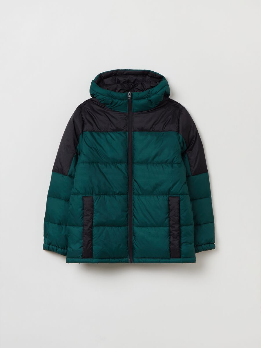 Down jacket with hood and ripstop weave_0