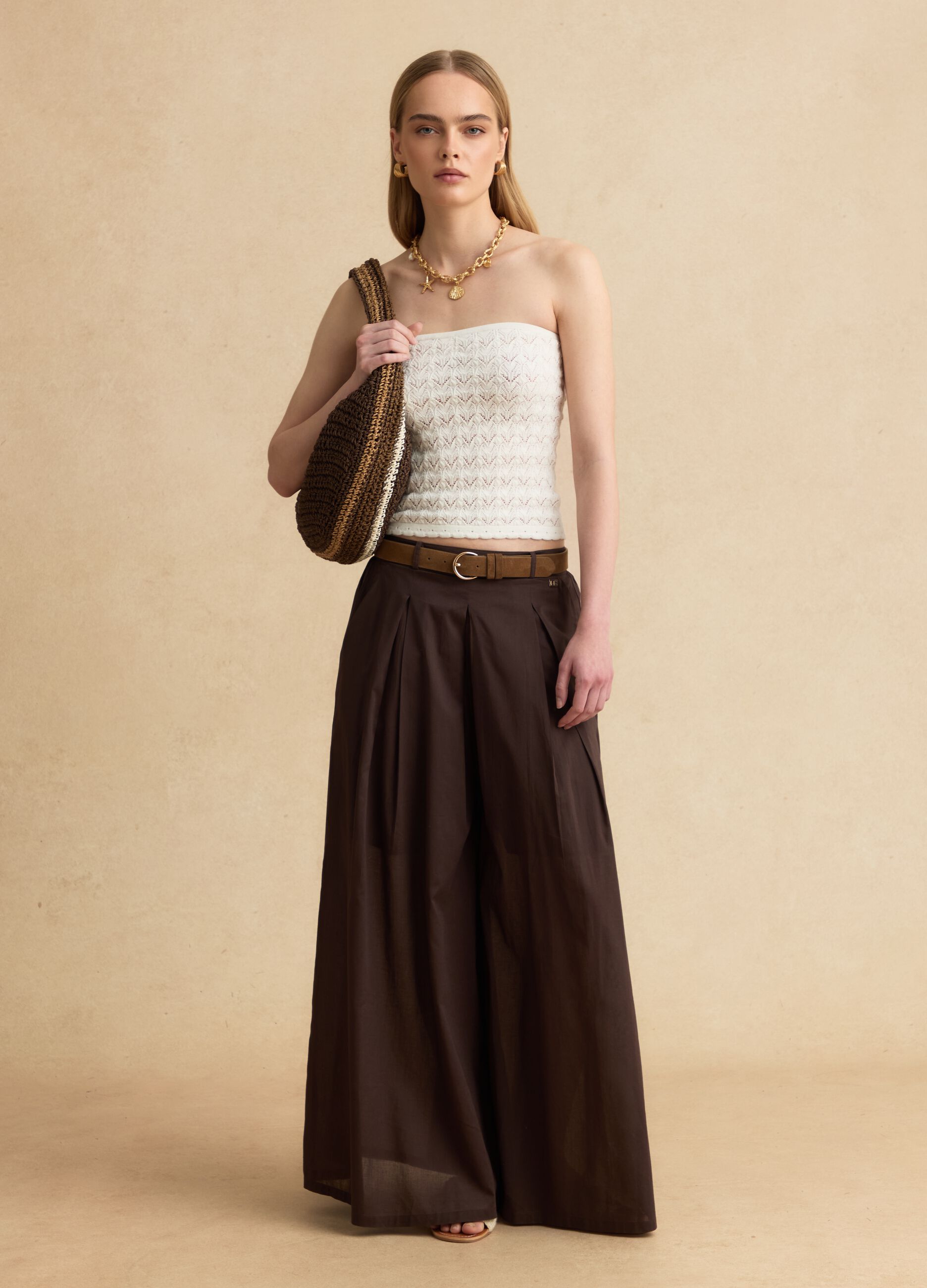 White pure cotton bandeau top with openwork knit