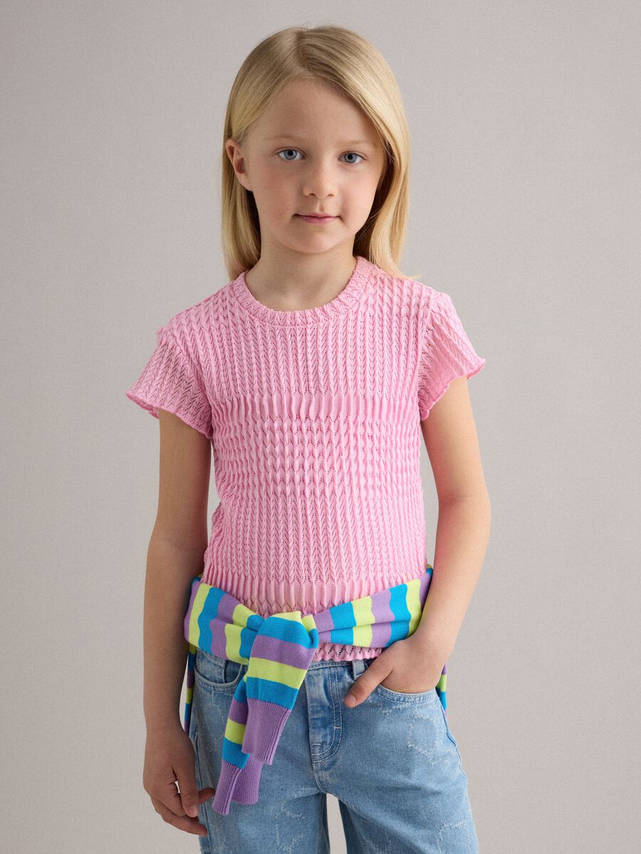 Pink short-sleeve girls' T-shirt regular fit with mesh texture_1