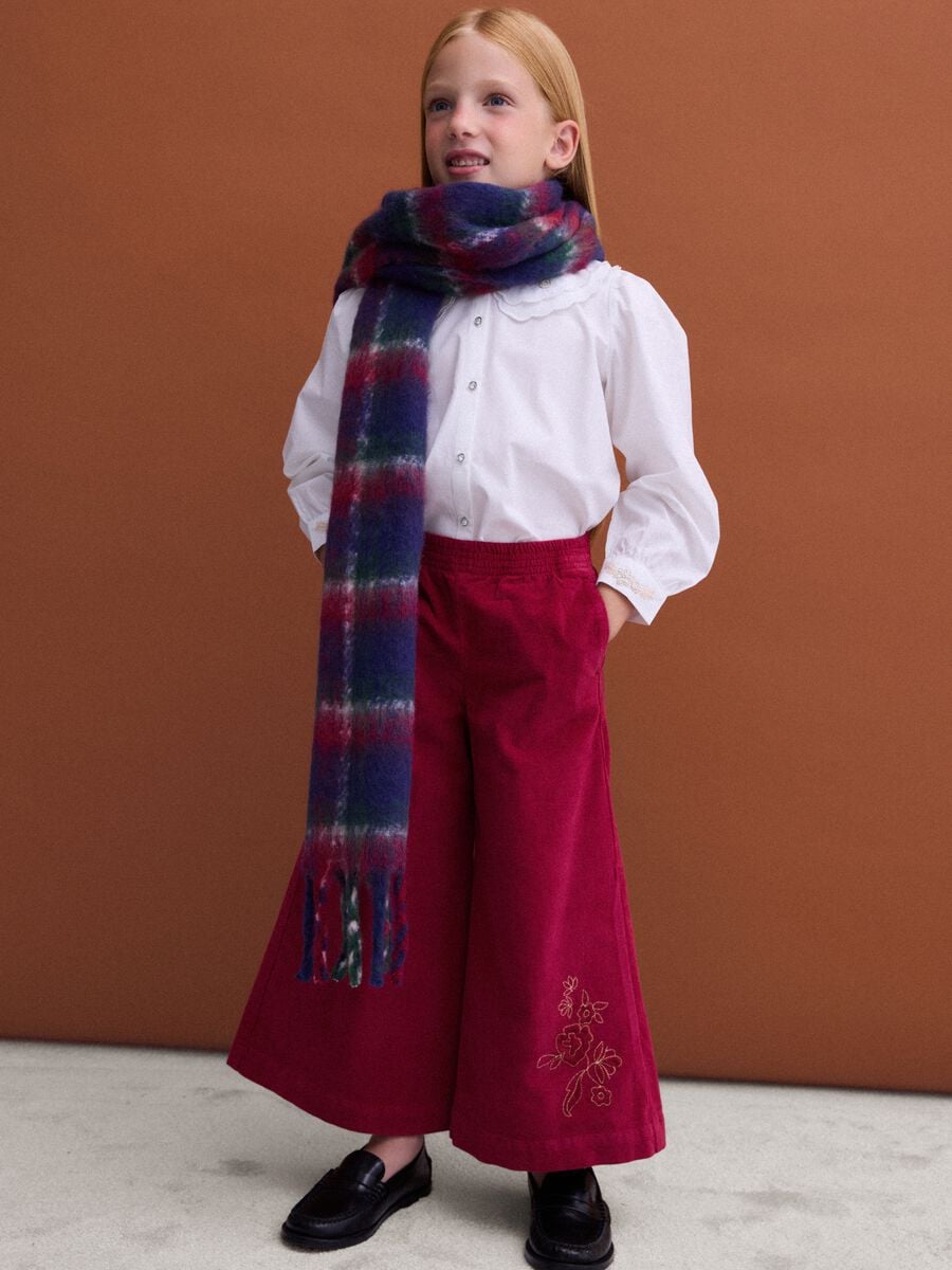 Red velvet wide-leg trousers in stretch cotton with floral embroidery_1