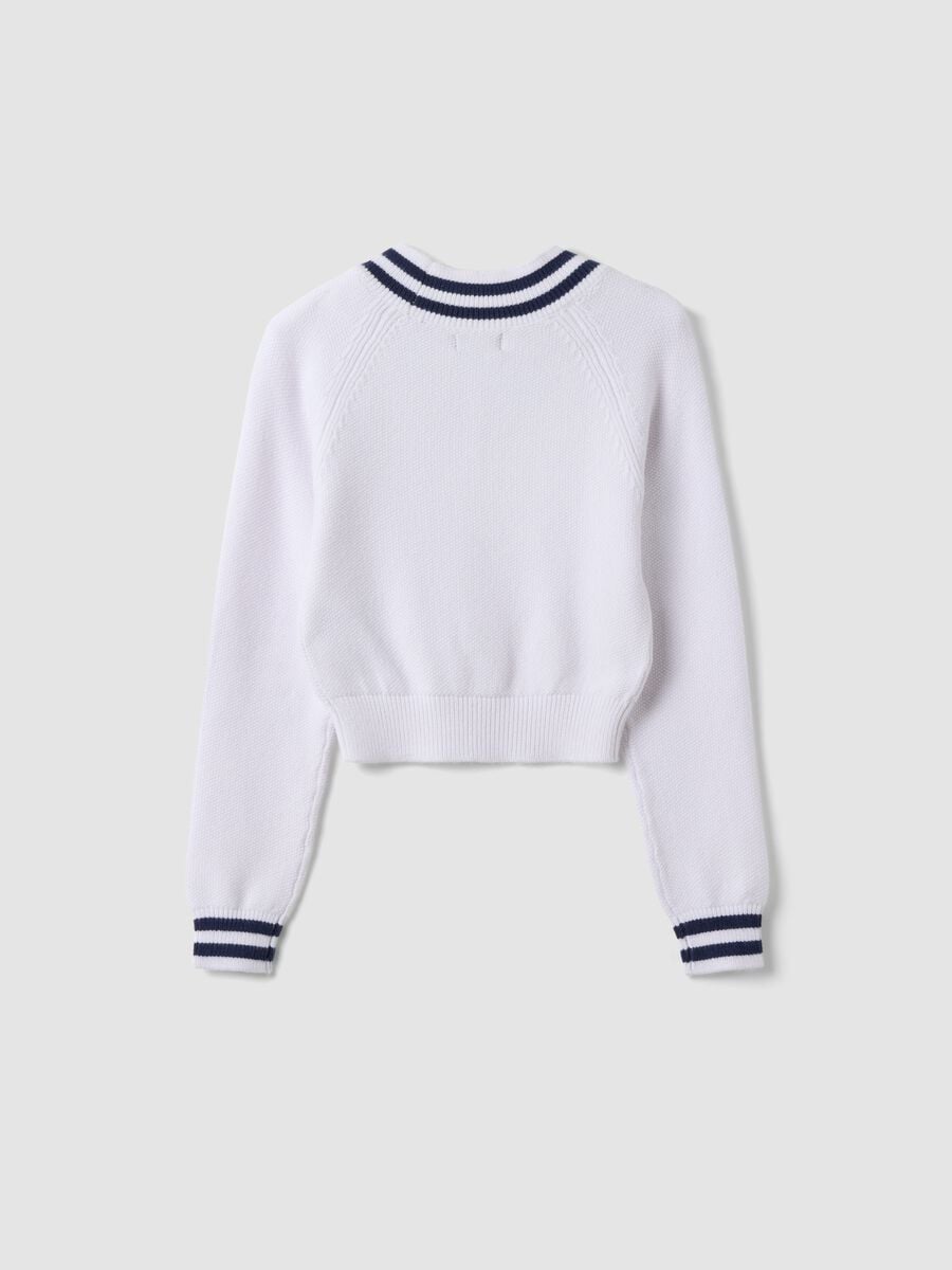 White V-neck viscose-blend jumper with striped trims for girls_4