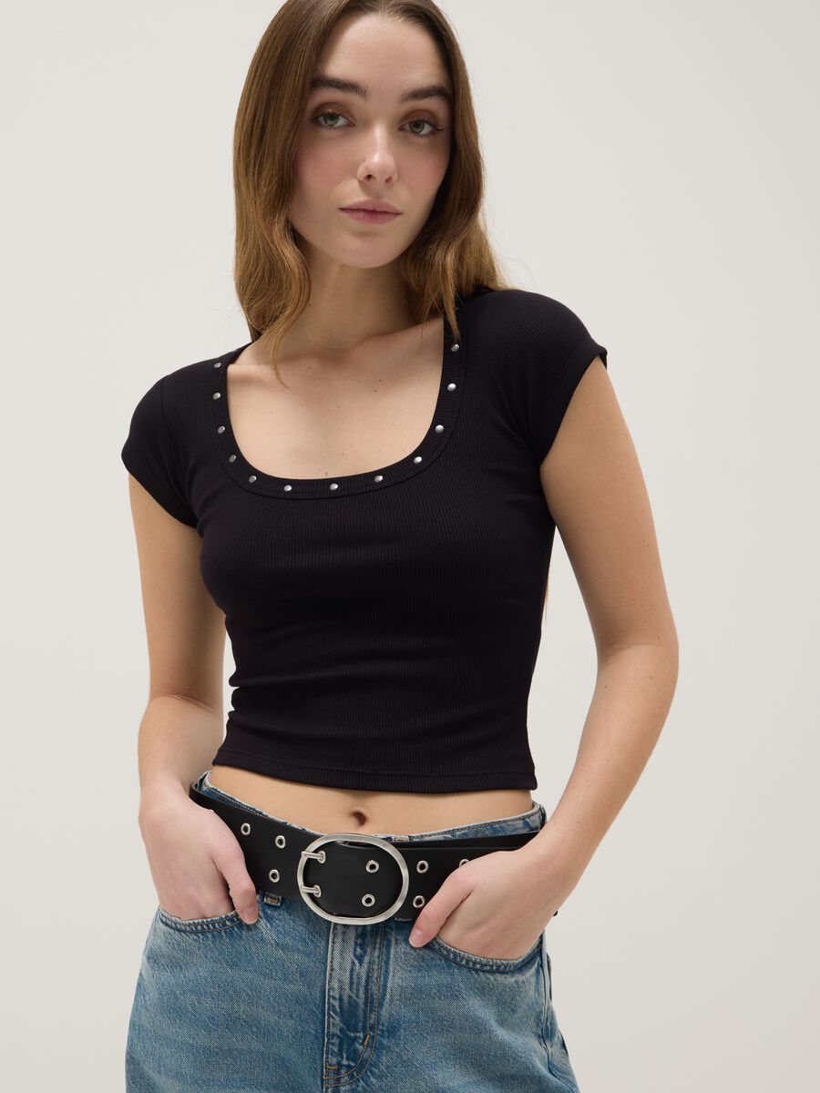 Black slim fit stretch cotton t-shirt with studs on the collar_0