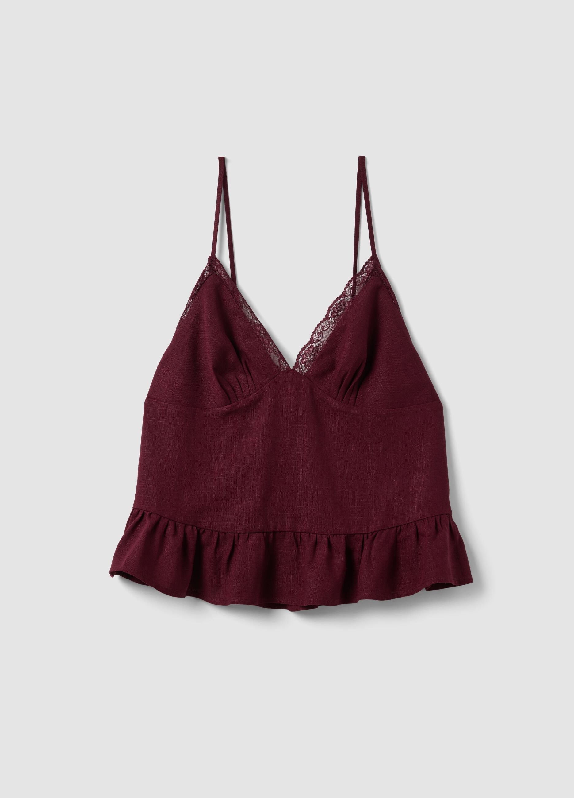 Burgundy viscose-linen blend lace top, regular fit