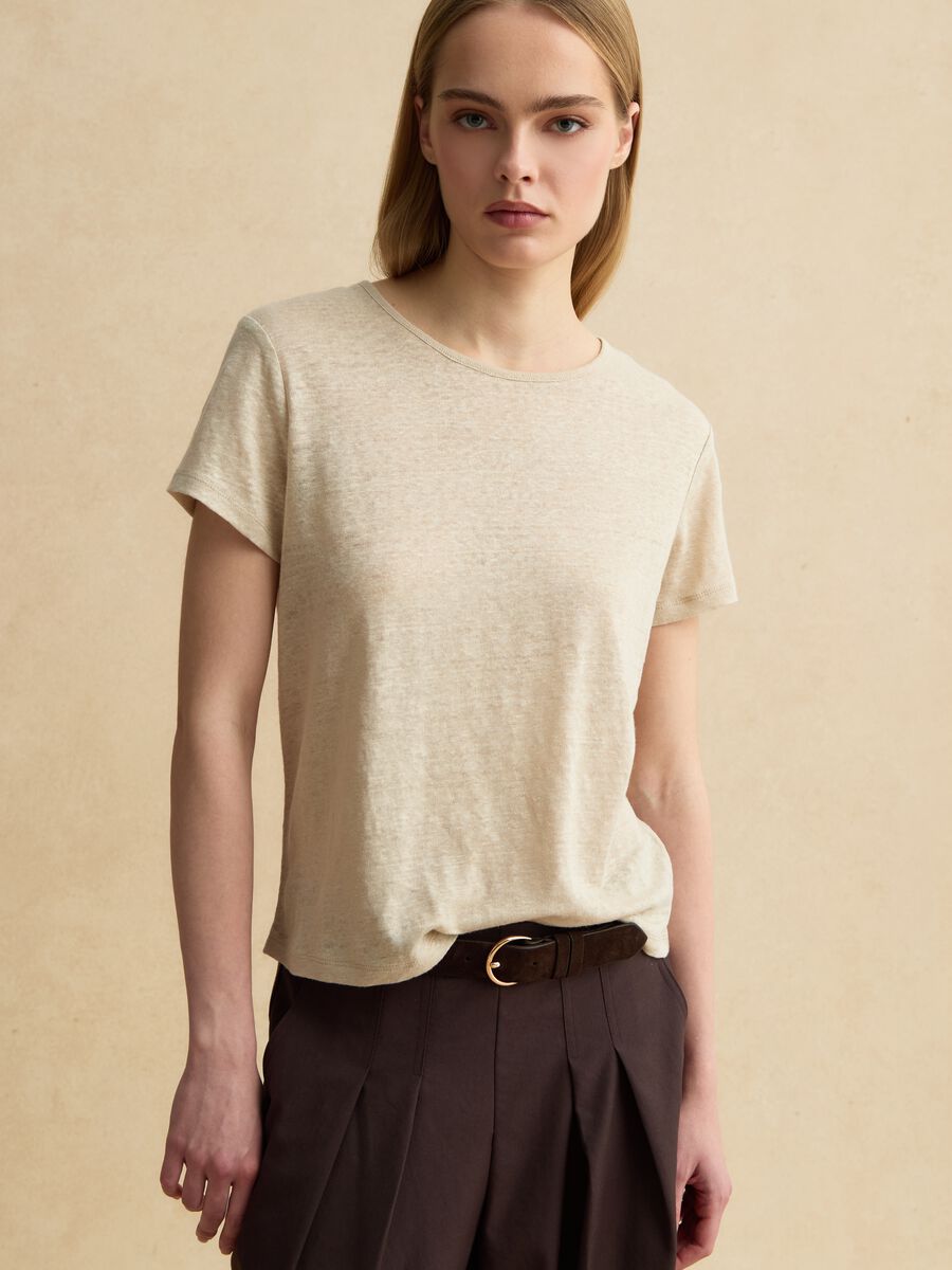 Beige short-sleeve pure linen T-shirt, regular fit_0