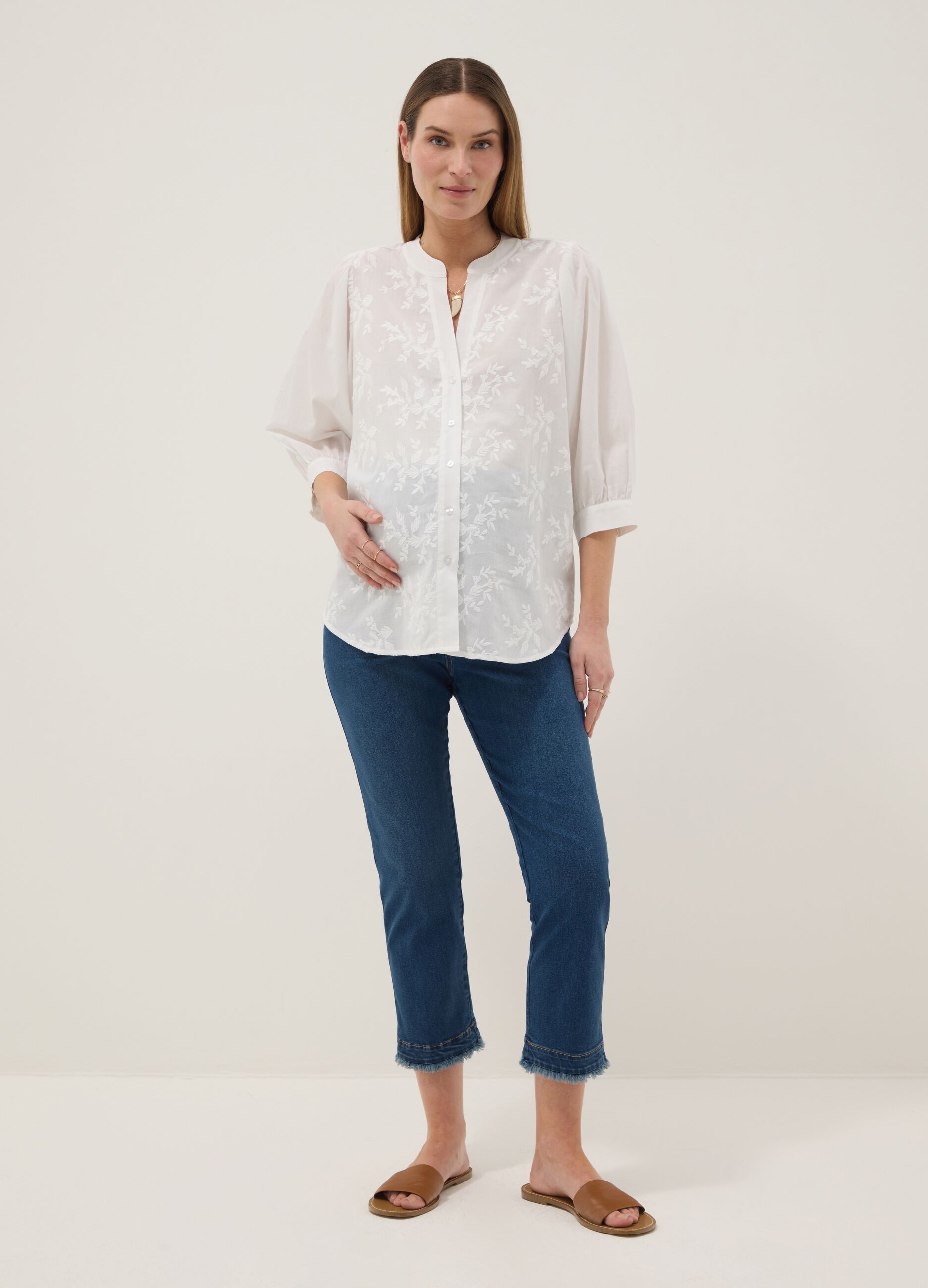 Camicia premaman bianca in puro cotone con collo alla coreana