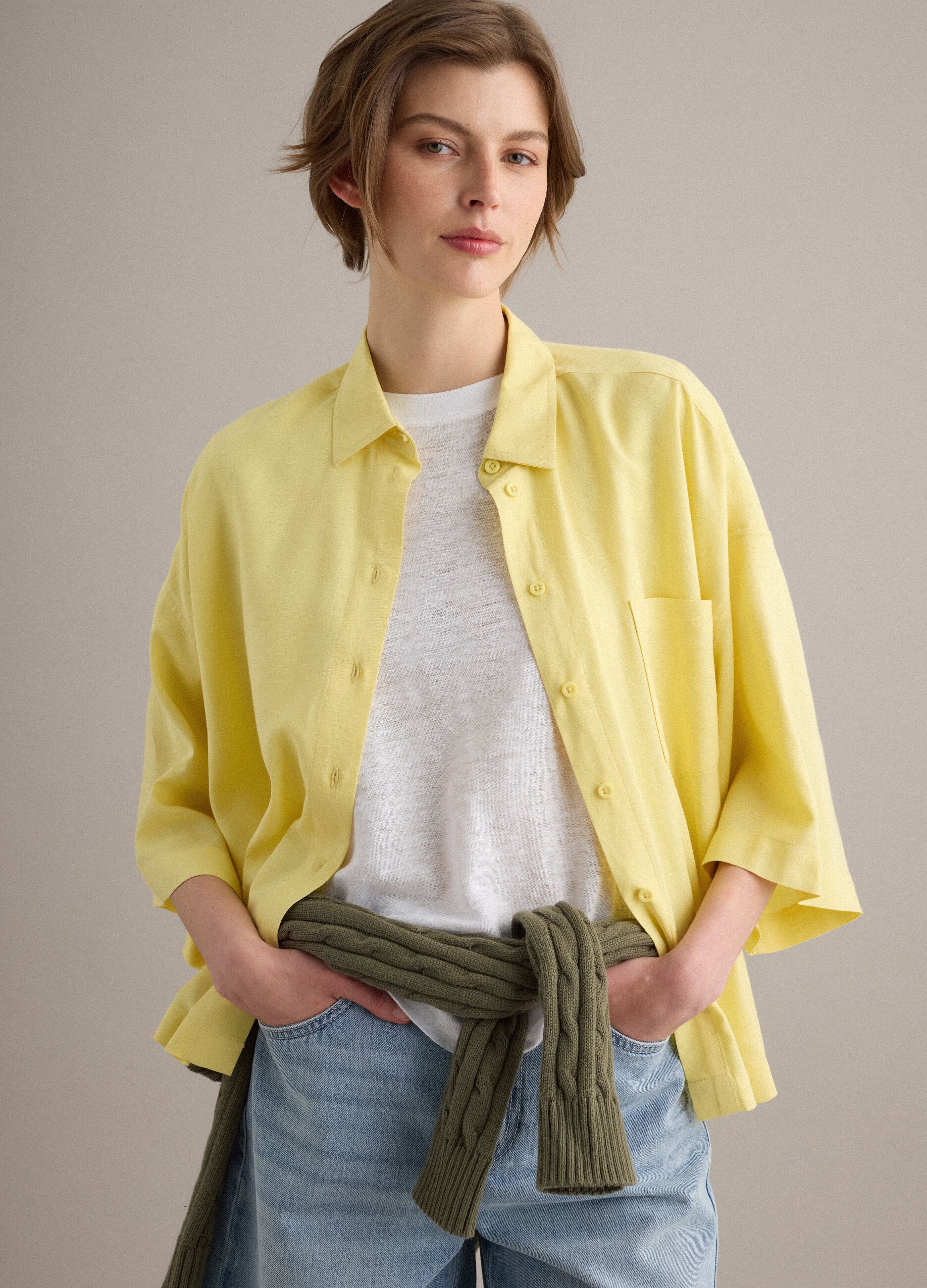 Yellow viscose-linen blend oversized shirt