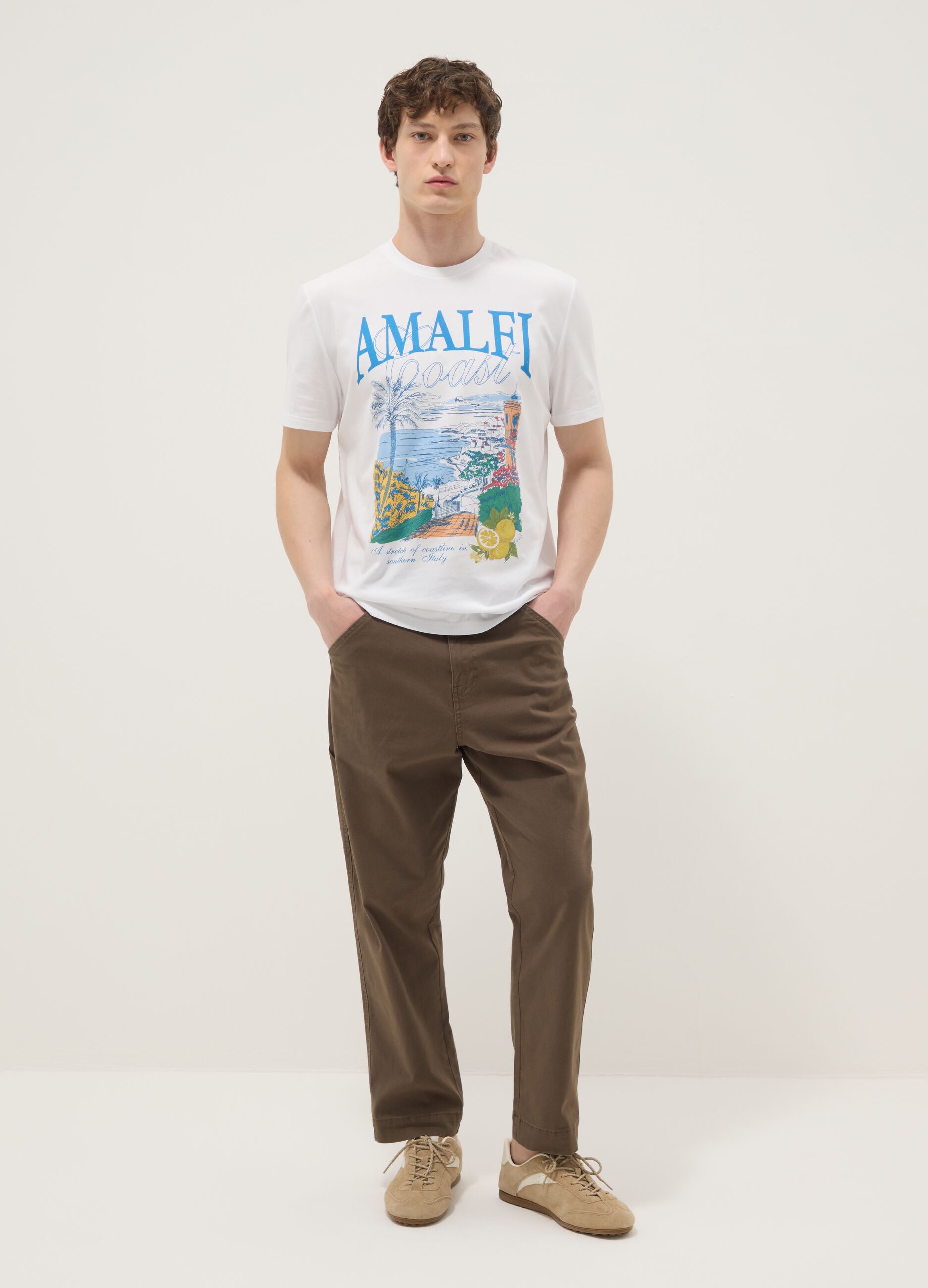 Wei&szlig;es T-Shirt aus reiner Baumwolle mit Print, Regular Fit
