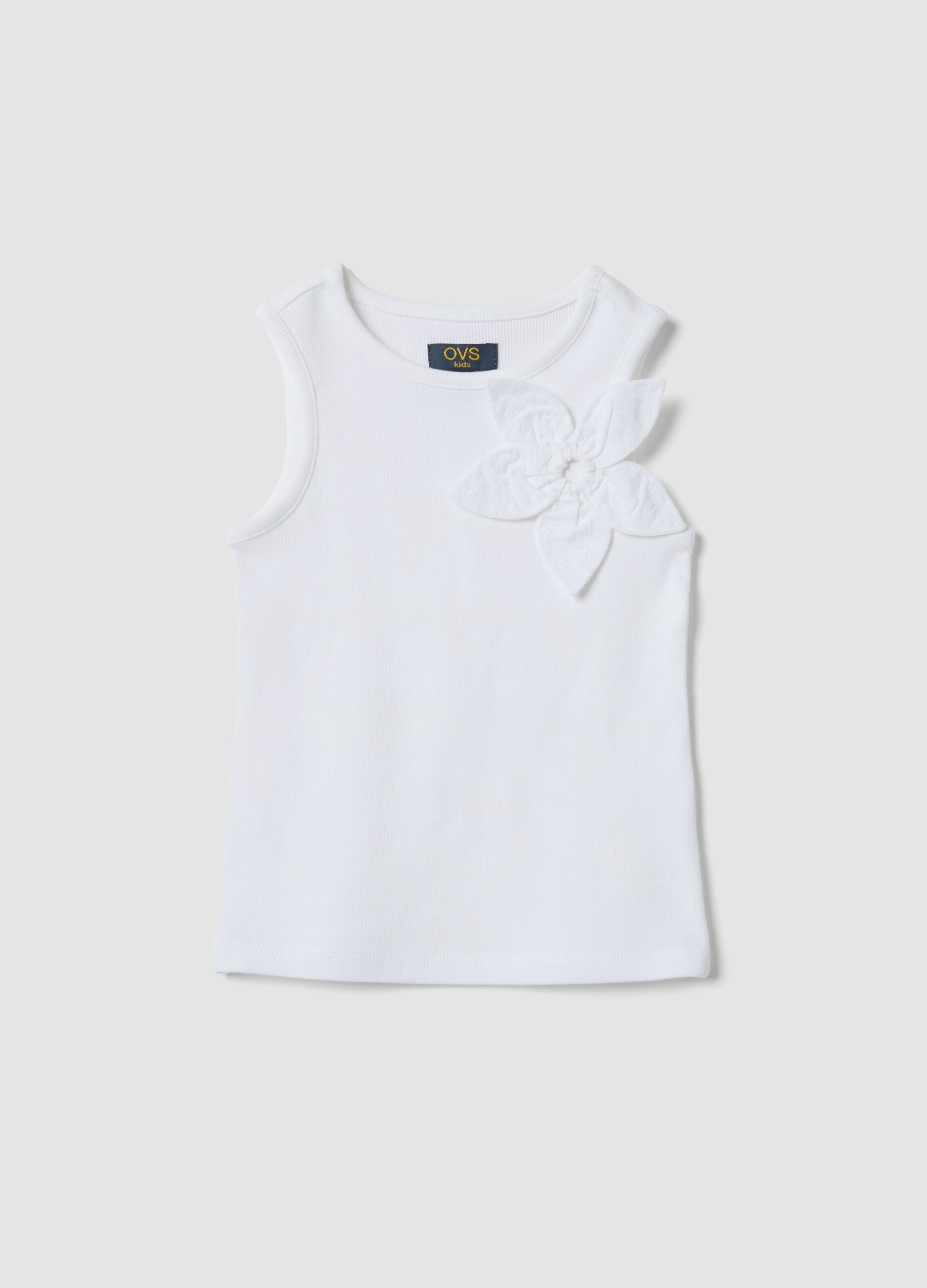 White stretch cotton ribbed tank top with appliqu&eacute; flower for girls, fitted