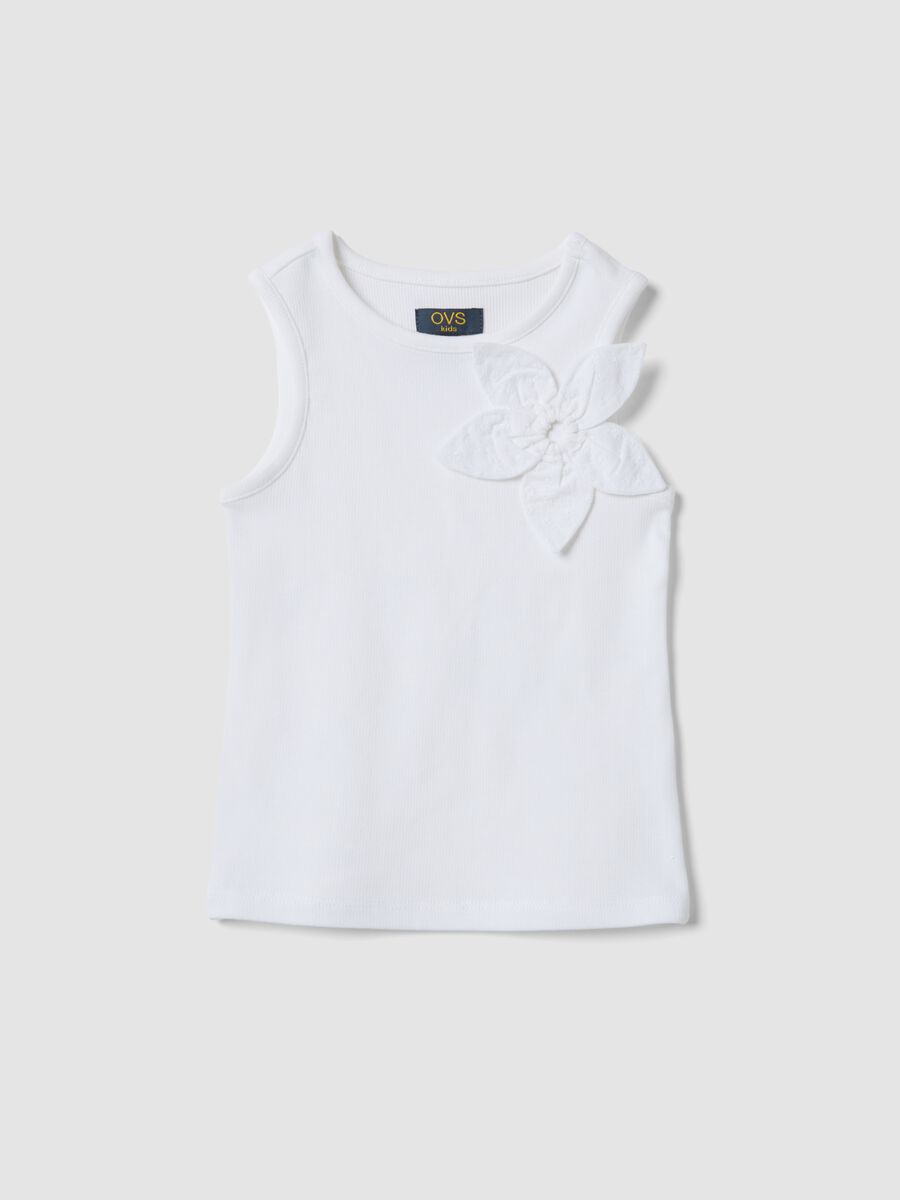 White stretch cotton ribbed tank top with appliqu&eacute; flower for girls, fitted_0