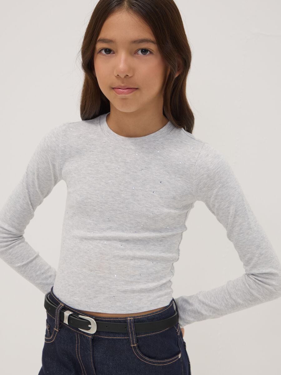Grey organic cotton and stretch viscose T-shirt with rhinestones_1