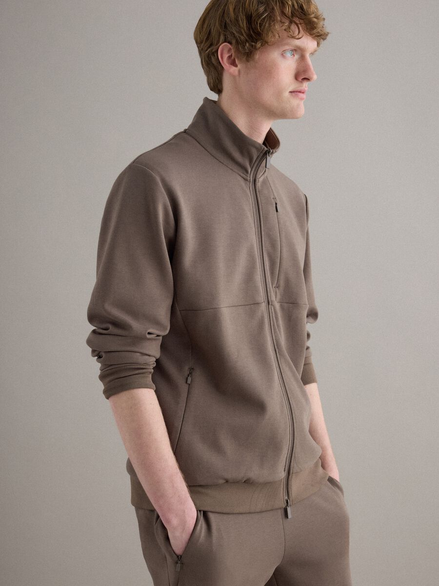 Brown cotton blend regular fit sweatshirt with full zip and high collar_1