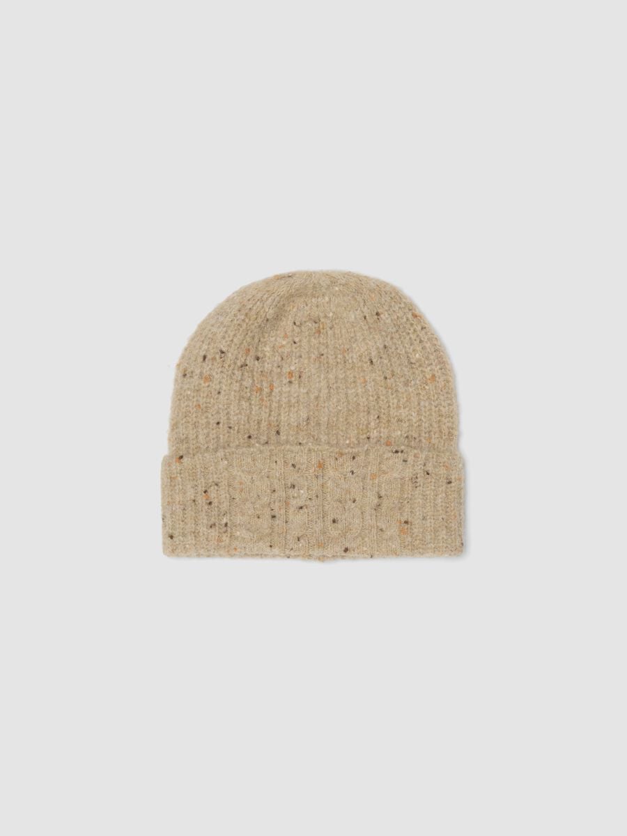 Beige melange ribbed stretch wool beanie_0