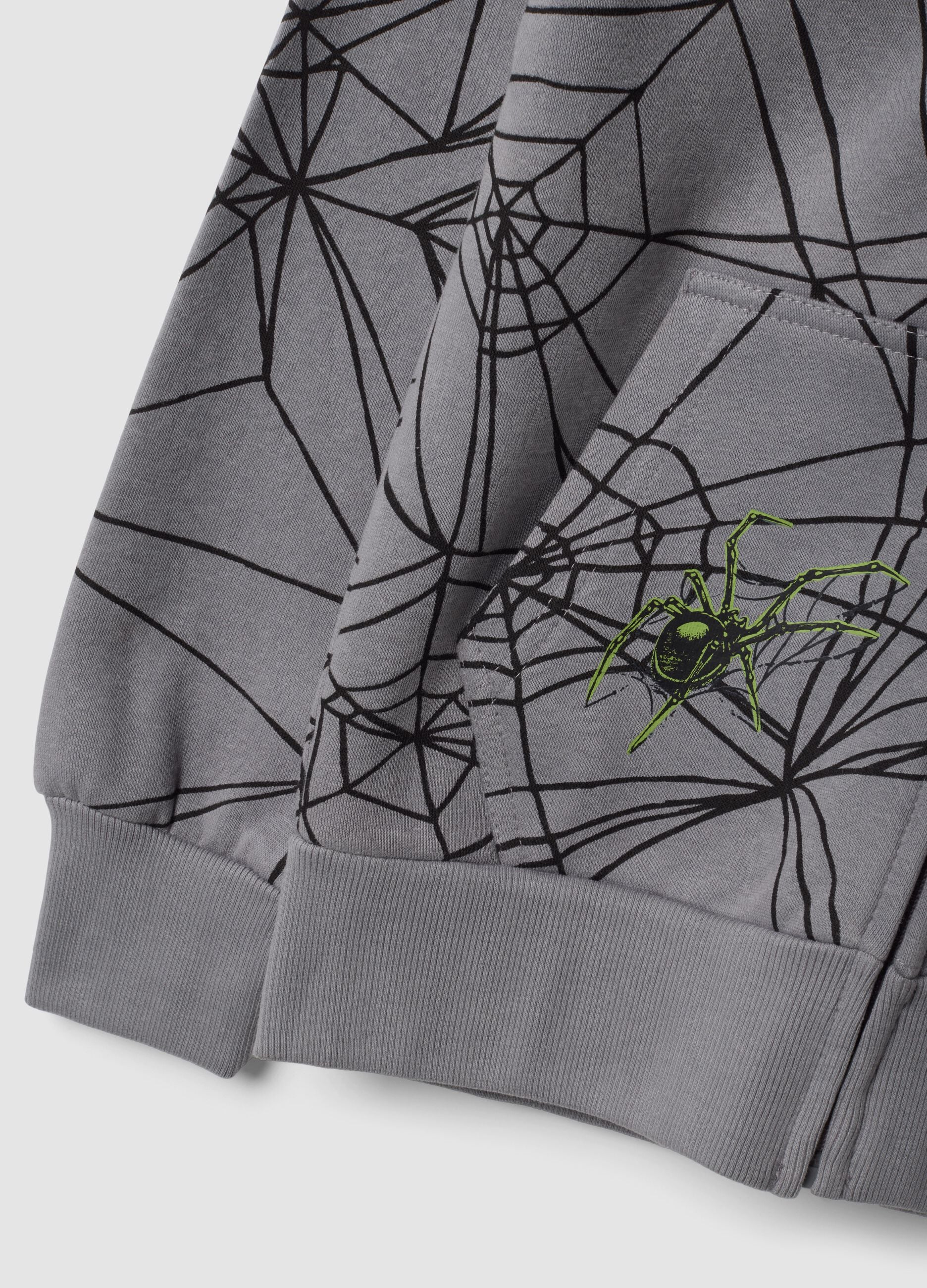 Grey cotton-blend hooded zip sweatshirt with spiderweb print