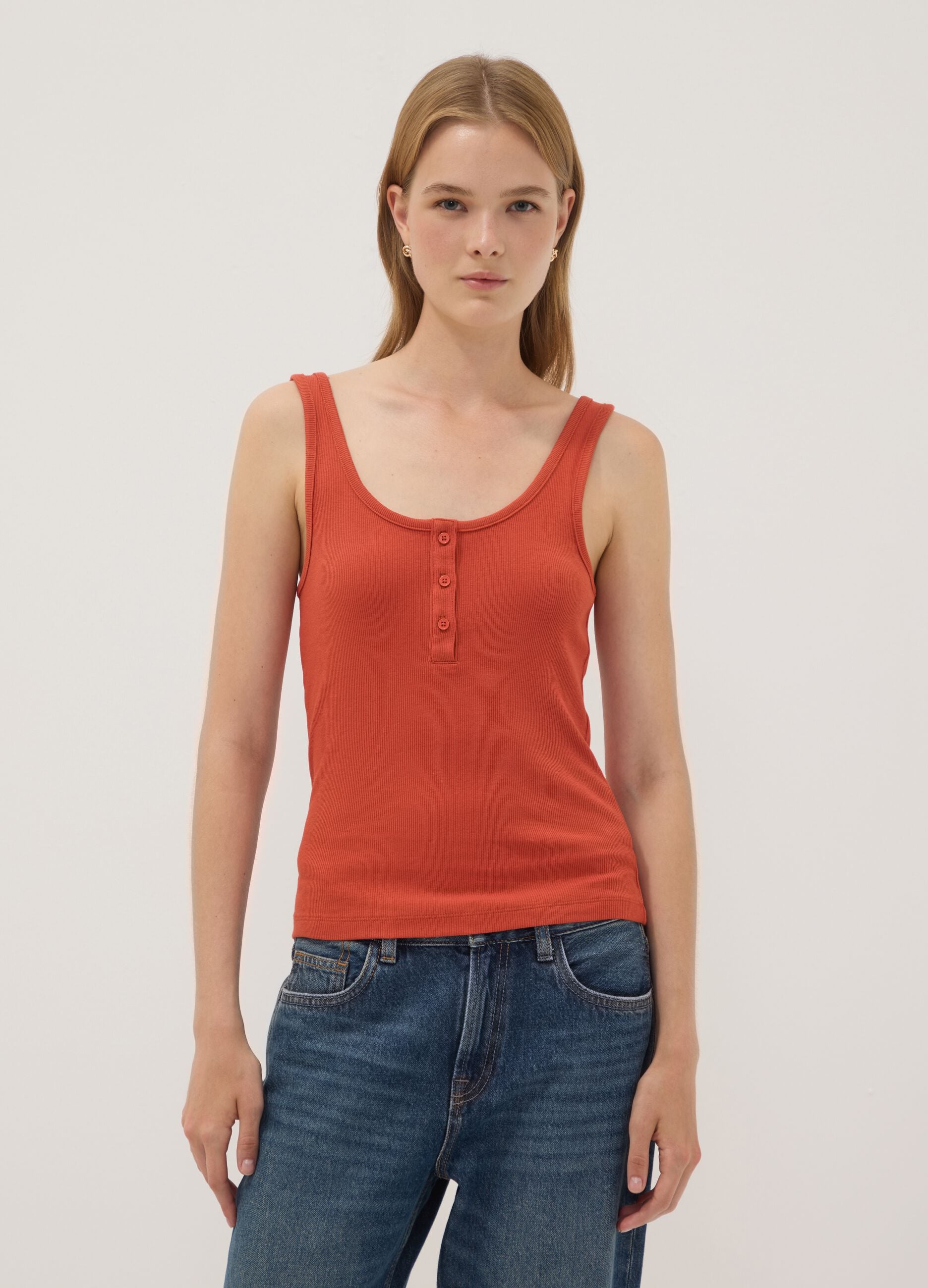 Red stretch cotton buttoned tank top, regular fit