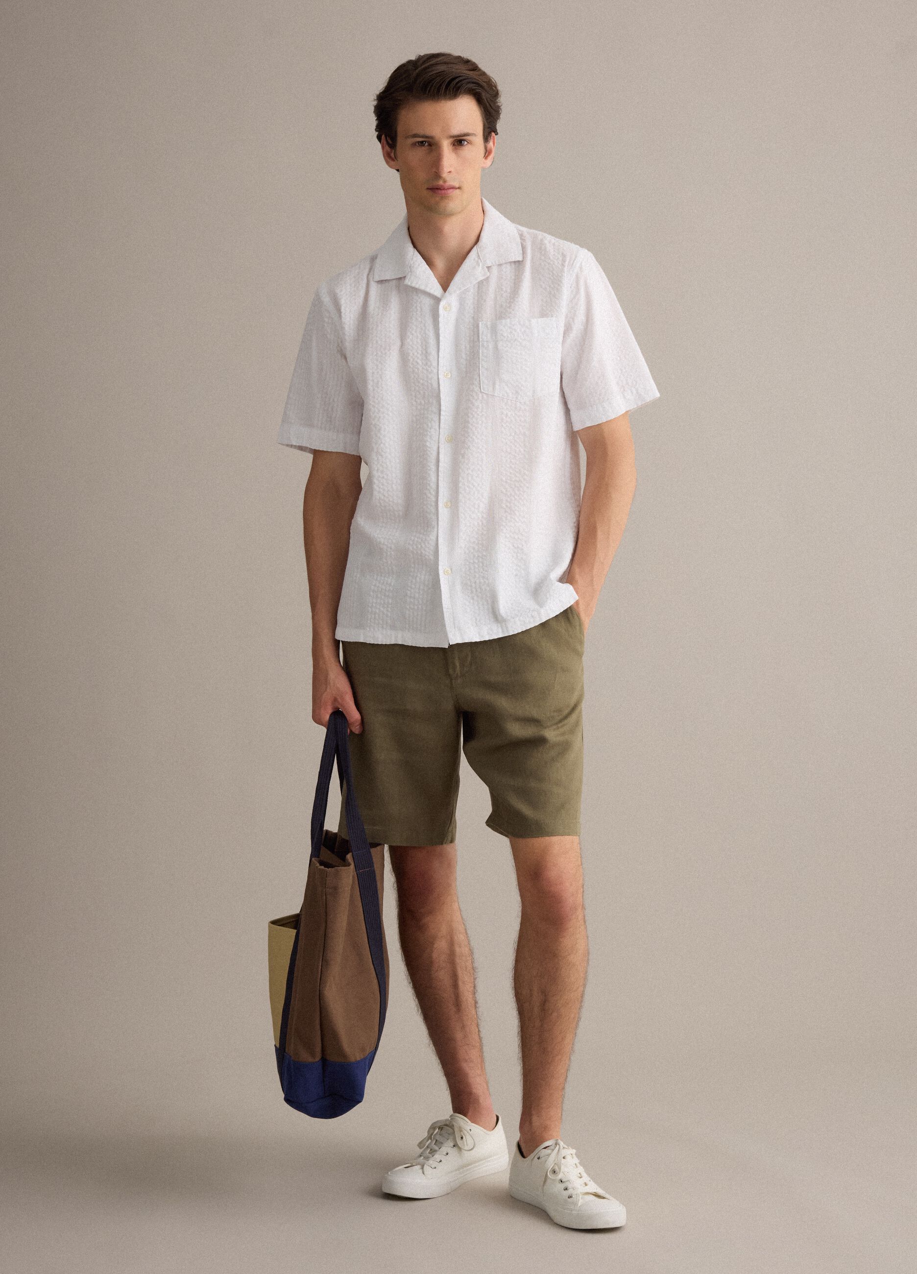 White pure organic cotton shirt with bowling collar, regular fit