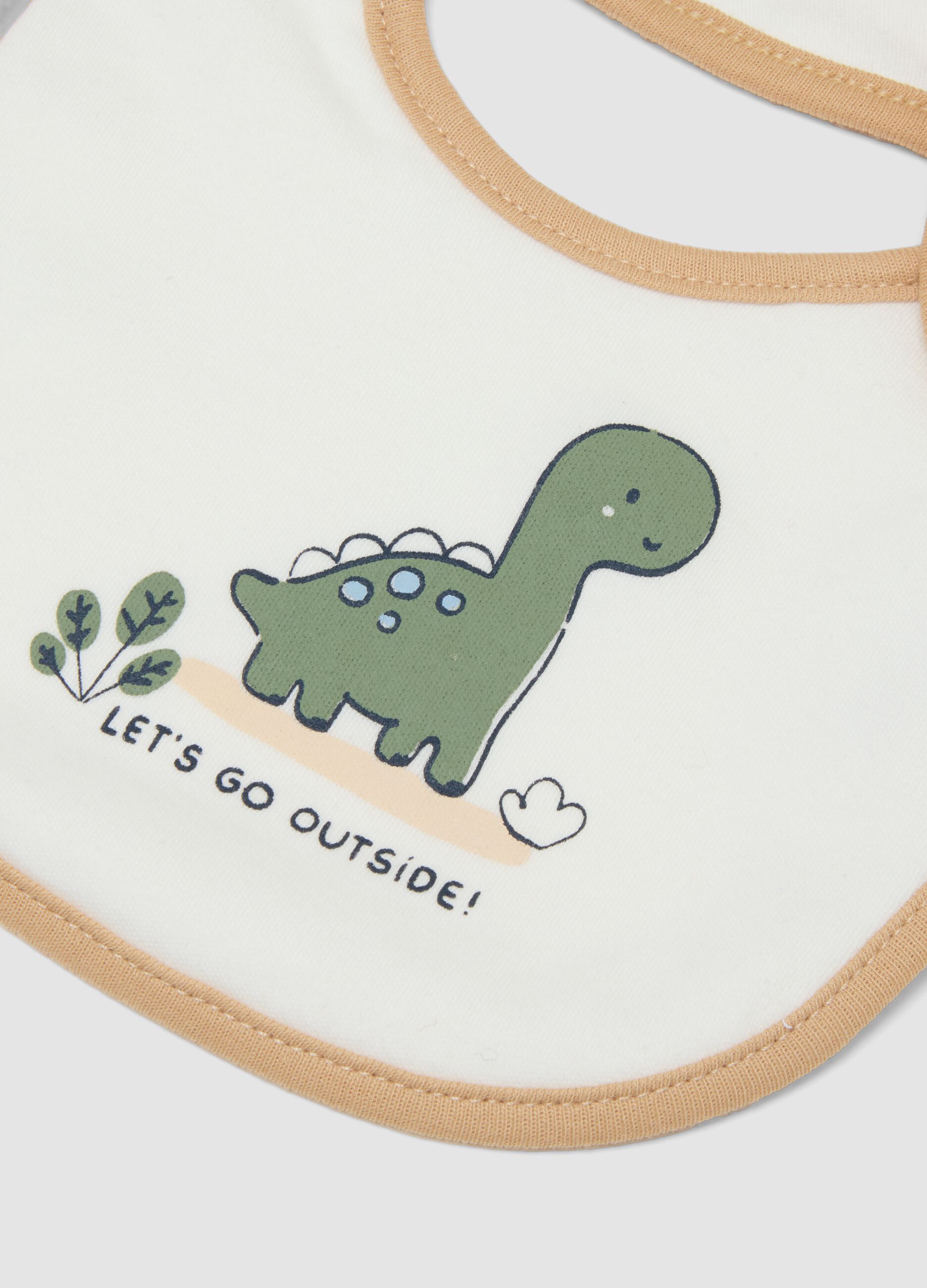 2-pack beige dinosaur print bibs in pure organic cotton