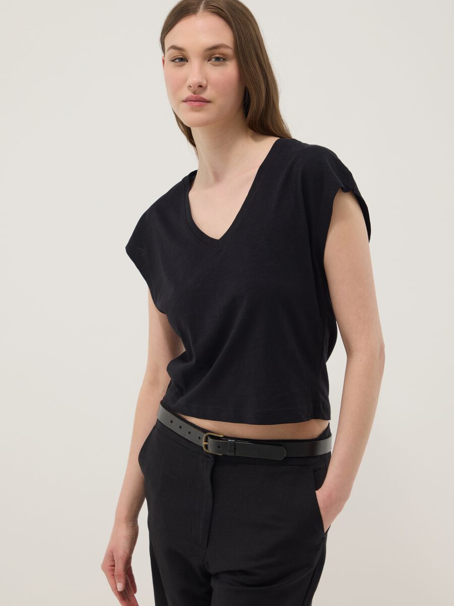 Camiseta azul de algod&oacute;n puro con cuello en V_0