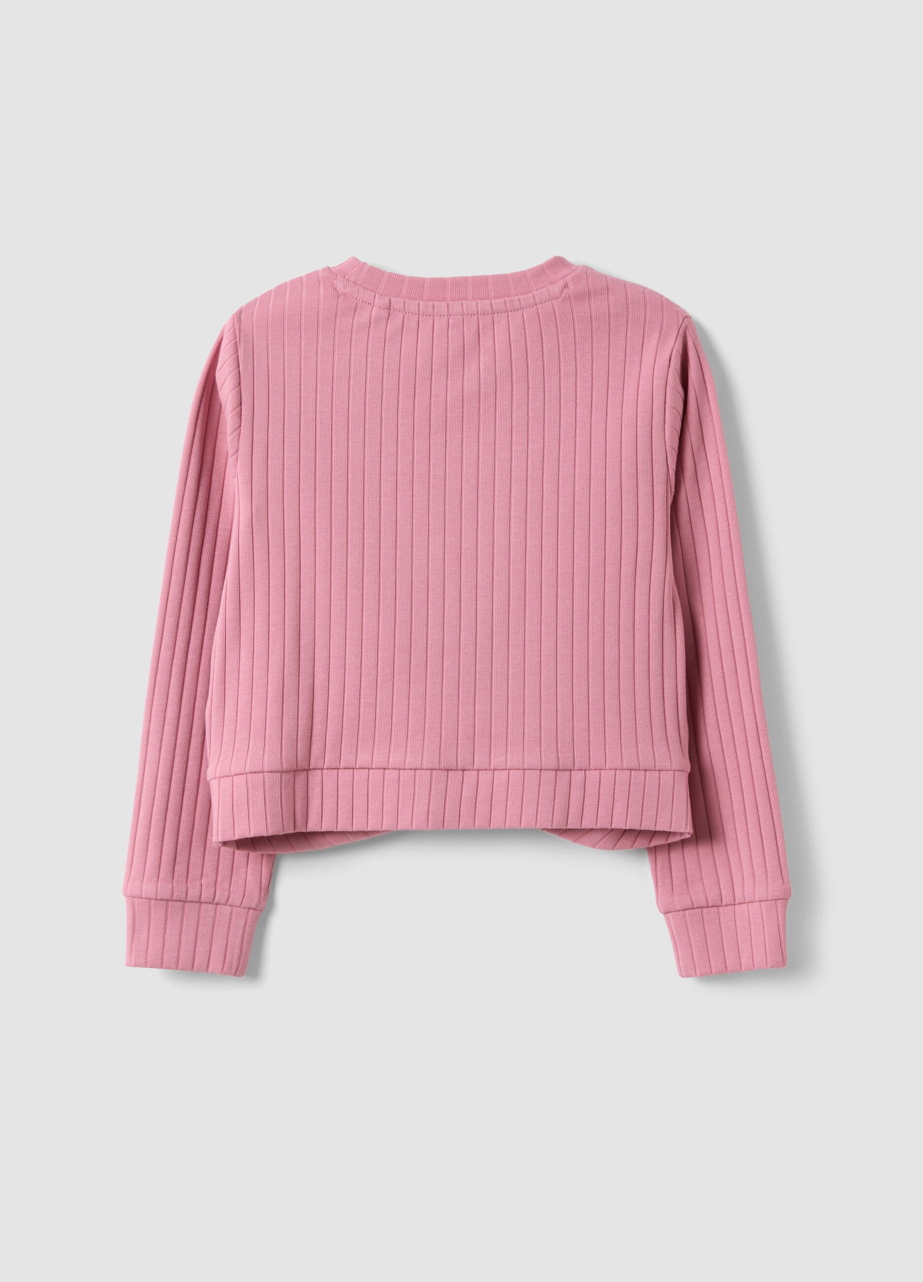 Girls&rsquo; pink cropped ribbed stretch cotton T-shirt