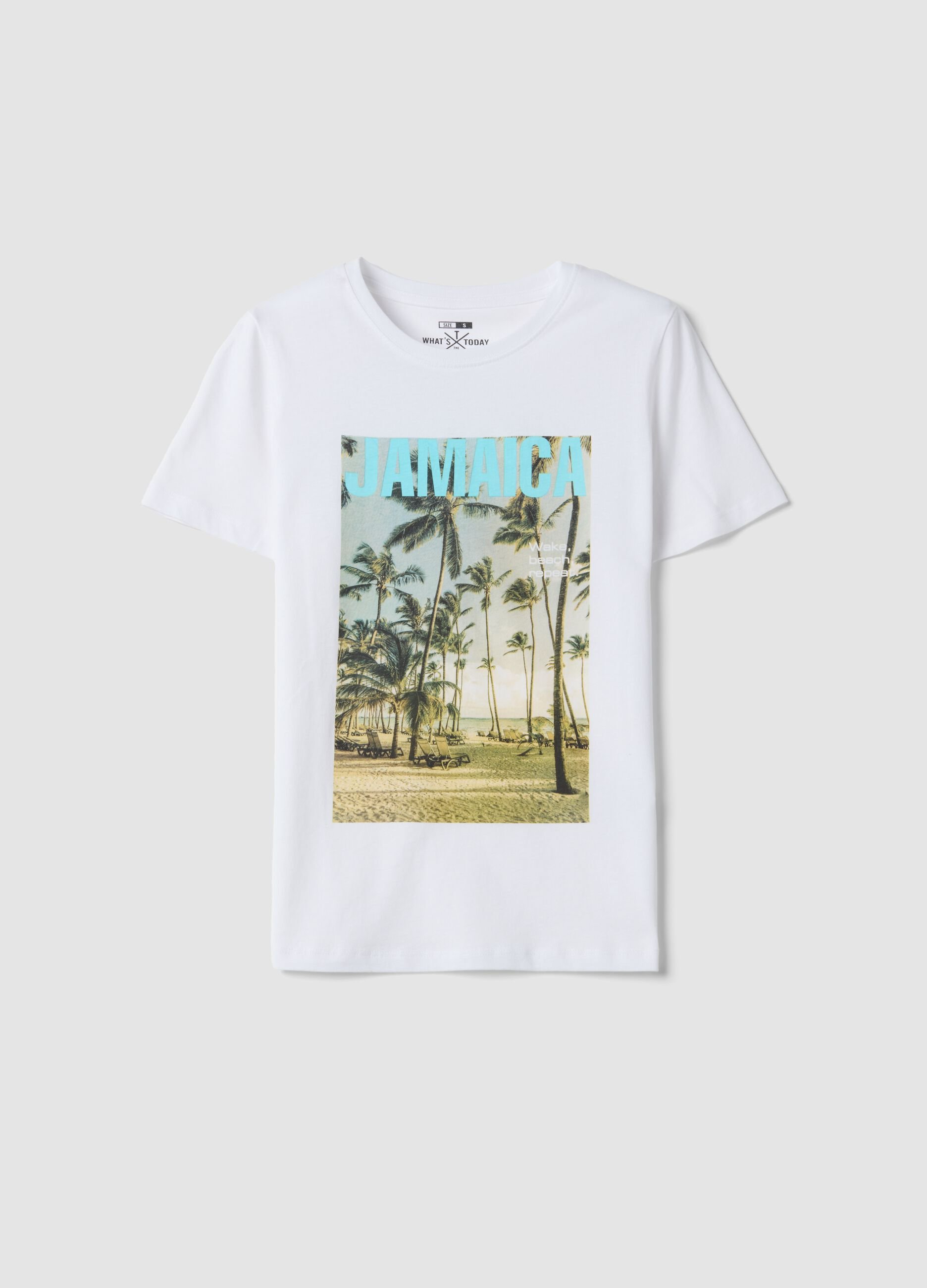 White pure cotton T-shirt with front print, regular fit