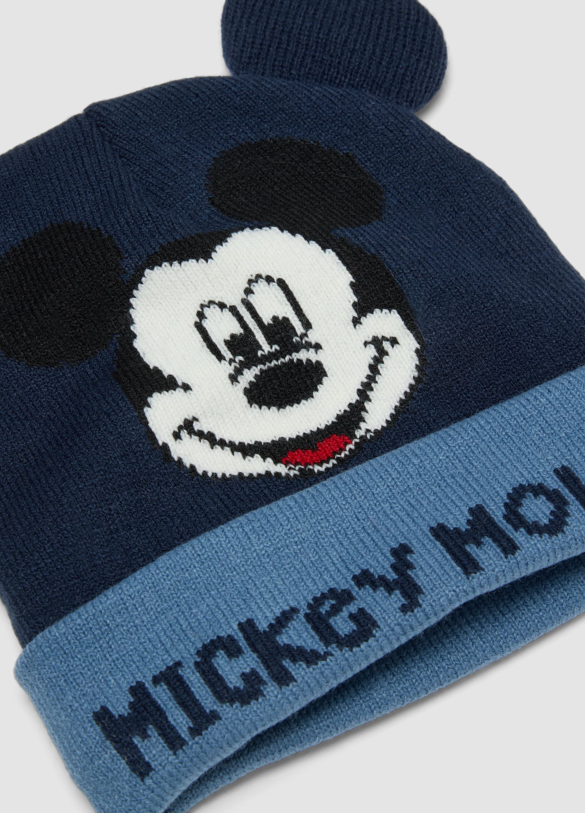 Dunkelblaue M&uuml;tze mit Umschlag, applizierten Ohren und Mickey-Print