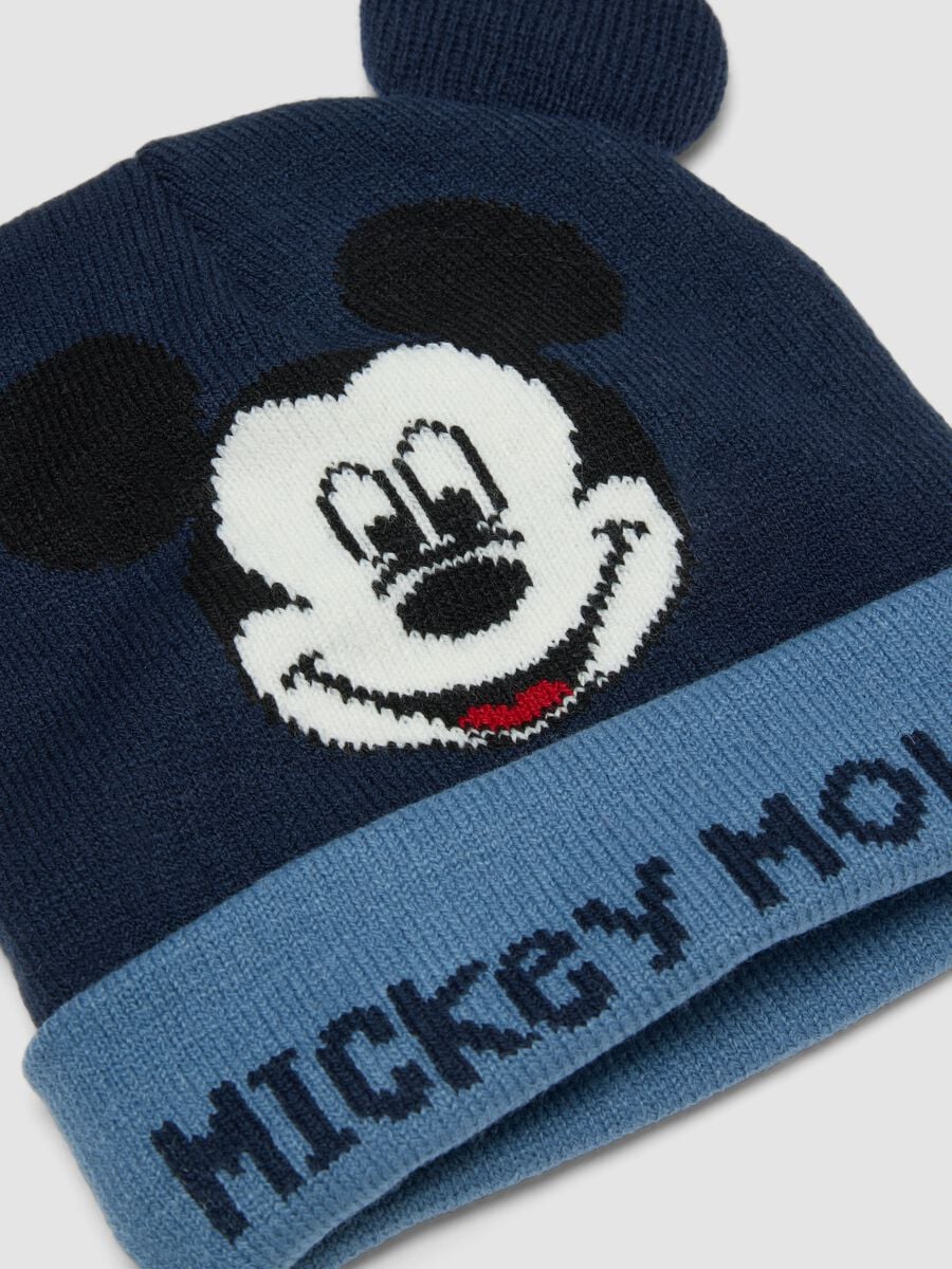 Dunkelblaue M&uuml;tze mit Umschlag, applizierten Ohren und Mickey-Print_2