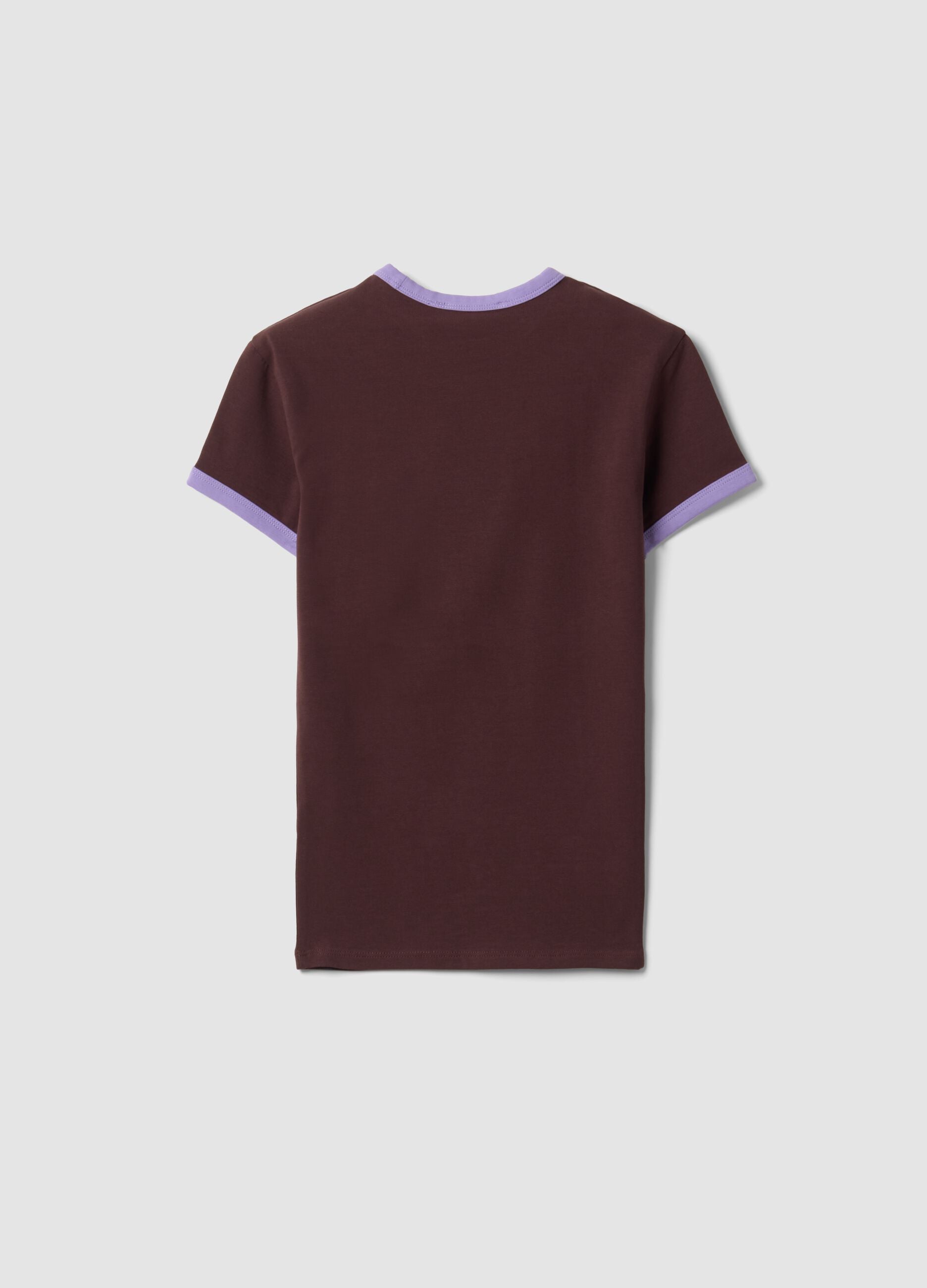 Brown stretch cotton fitted T-shirt with contrast trims