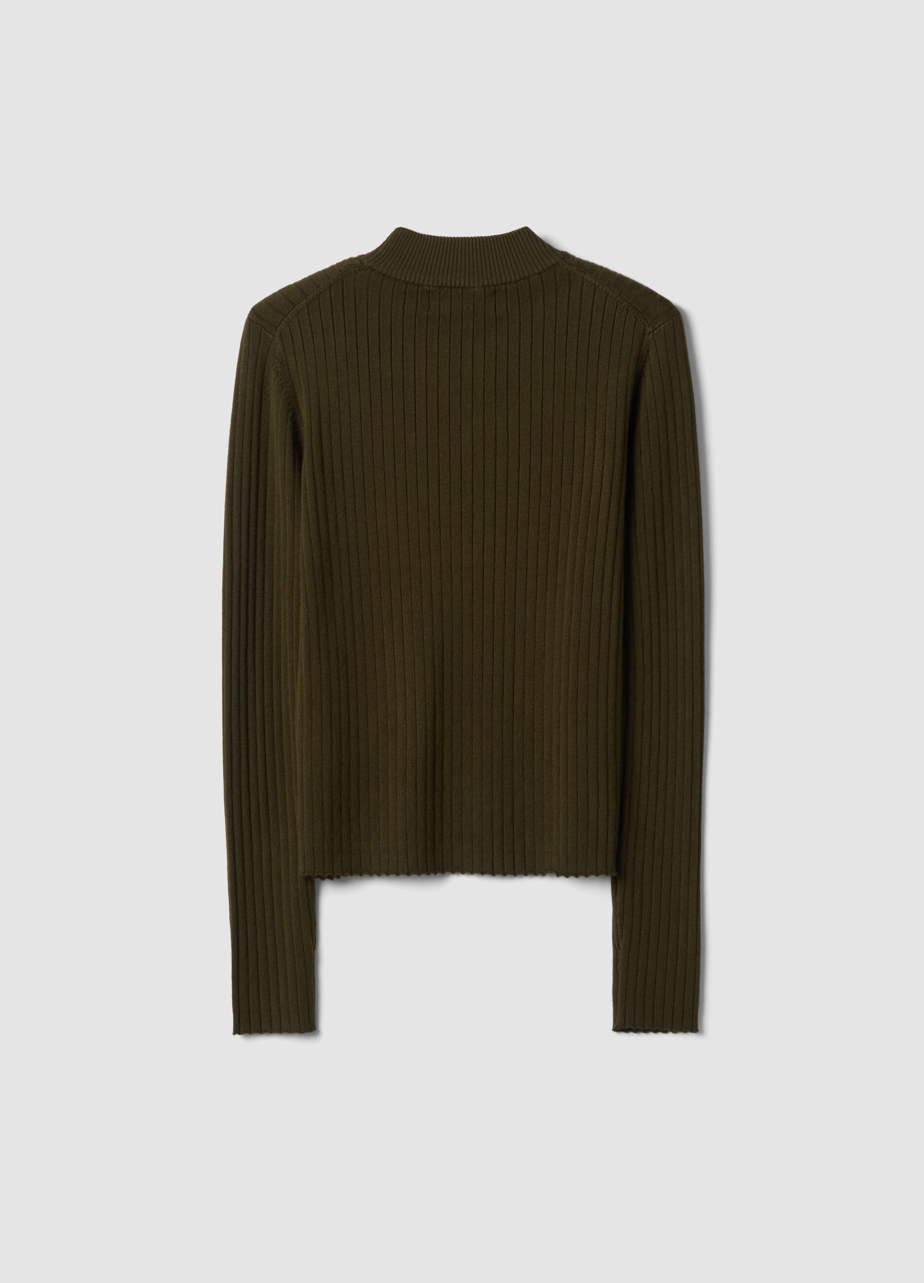 Green ribbed viscose-blend top with high neck