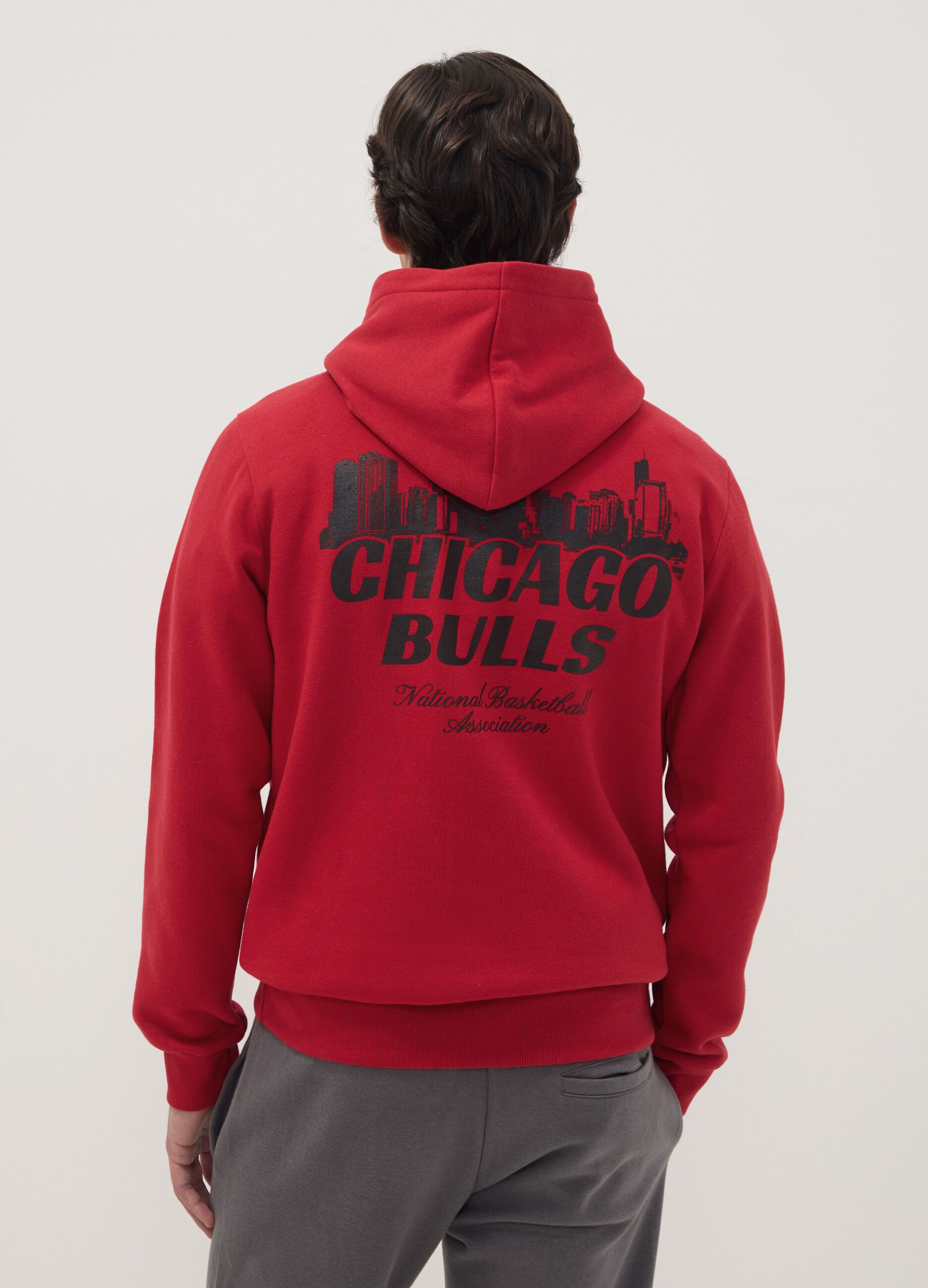 Red cotton-blend hoodie with Chicago Bulls print