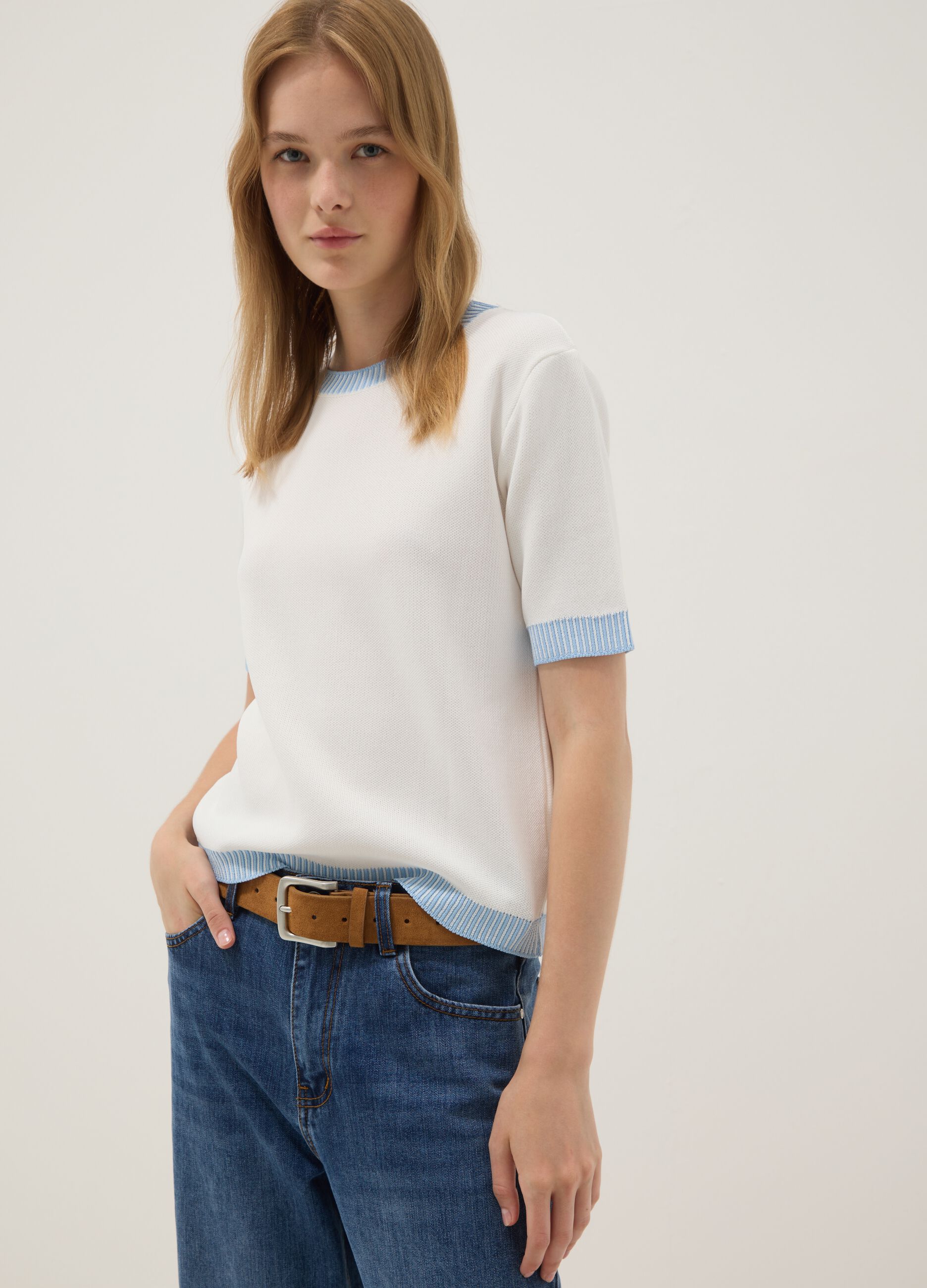 White viscose-blend T-shirt with light-blue trims