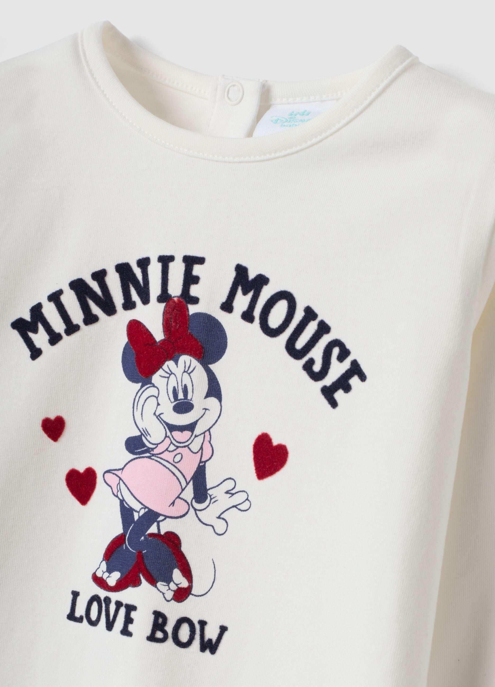 Maglia bianca in cotone organico elasticizzato con stampa Minnie